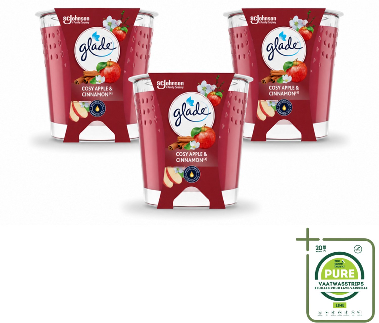 Glade 3 x Glade - Geurkaars Cosy Appel Kaneel - 100% Raapzaadwas & Vegan - 112 g - Grootverpakking - Vaatwasstrips - Geurkaars - Vegan - Warme Geur - Appel - Kaneel rood
