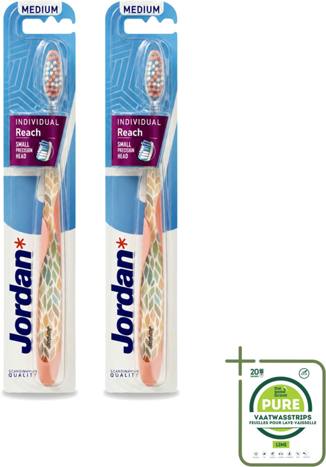2 x Jordan - Tandenborstel - Individual Reach - Medium - Grootverpakking - Tandenborstel - Mondverzorging - Ergonomisch Ontwerp - Tandenpoetsen - Borstelharen