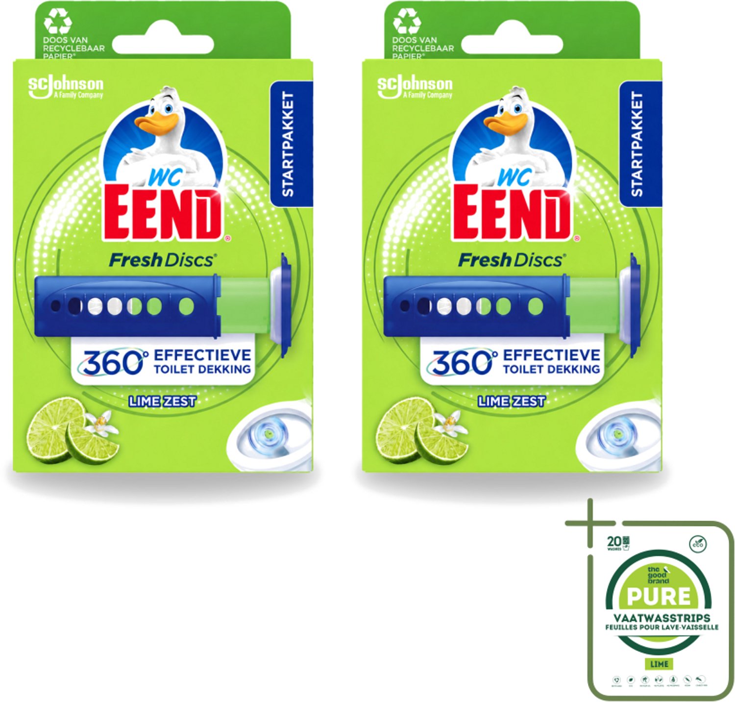 2 x WC Eend - Fresh Discs Lime Zest - Toiletgel - Hygiënisch & Fris tot 7,5 Weken - 36 ml - Grootverpakking - Vaatwasstrips - Toiletgel - Toilet Reinigen - Fris Toilet - Toiletgeur - Hygiëne Toilet