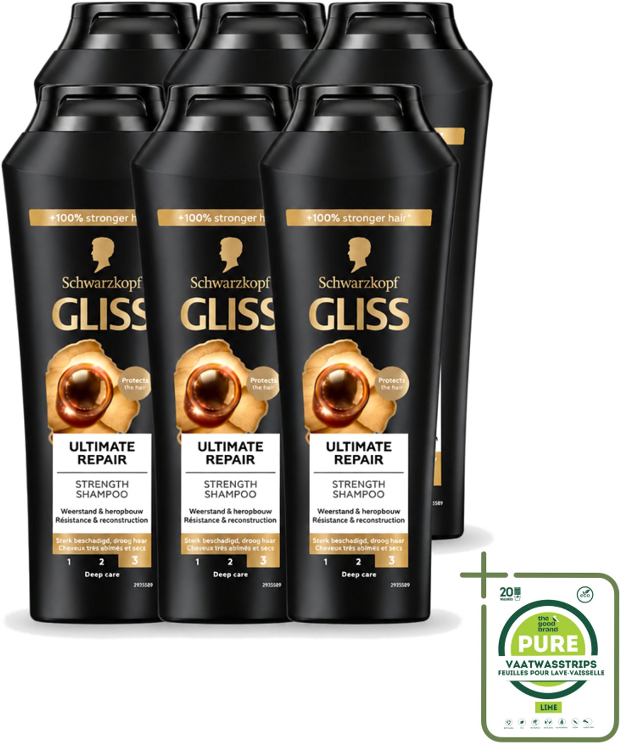 6 x Gliss - Shampoo - Ultimate Repair - Voor Intensief Herstel - 250 ml - Grootverpakking - Vaatwasstrips - Herstel Haar - Beschadigd Haar - Droog Haar - Haarbreuk - Keratine