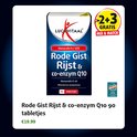 Verpakking Lucovitaal Rode Gist Rijst & co-enzym Q10, 90 tabletten. "2+3 GRATIS MIX & MATCH" sticker.