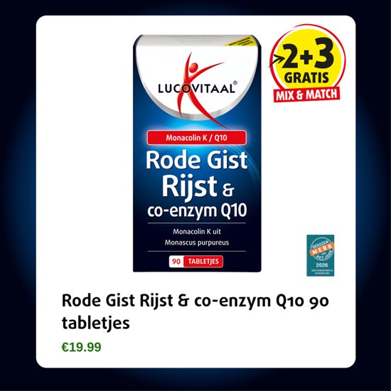 Verpakking Lucovitaal Rode Gist Rijst & co-enzym Q10, 90 tabletten. "2+3 GRATIS MIX & MATCH" sticker.