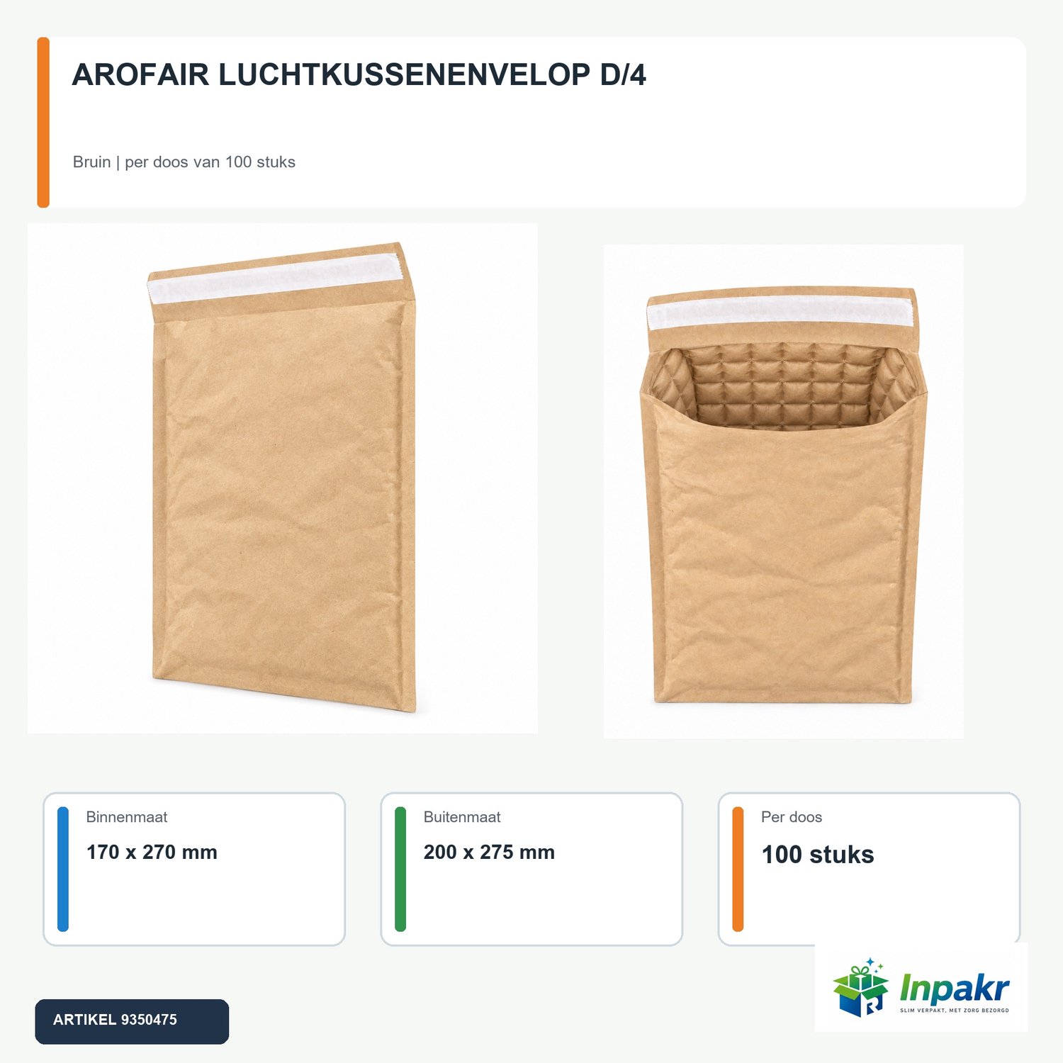 Inpakr AroFair Luchtkussenenvelop D/4 - Bruin - 170 x 270 mm Binnenmaat - Papieren Voering - Doos van 100 Stuks
