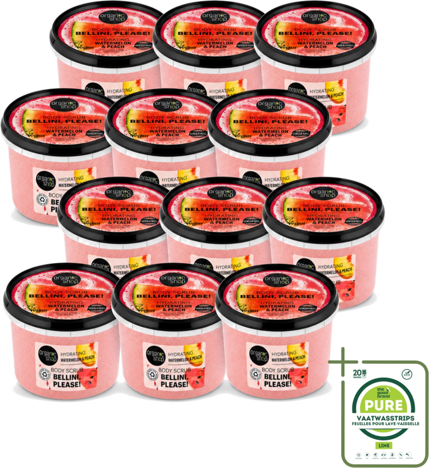 12 x Organic Shop - Body Scrub Watermelon & Peach - Hydratatie en Frisheid - 250 ml - Grootverpakking - Vaatwasstrips - Bodyscrub - Hydraterende Scrub - Exfoliatie - Zachte Exfoliatie - Watermeloen Scrub