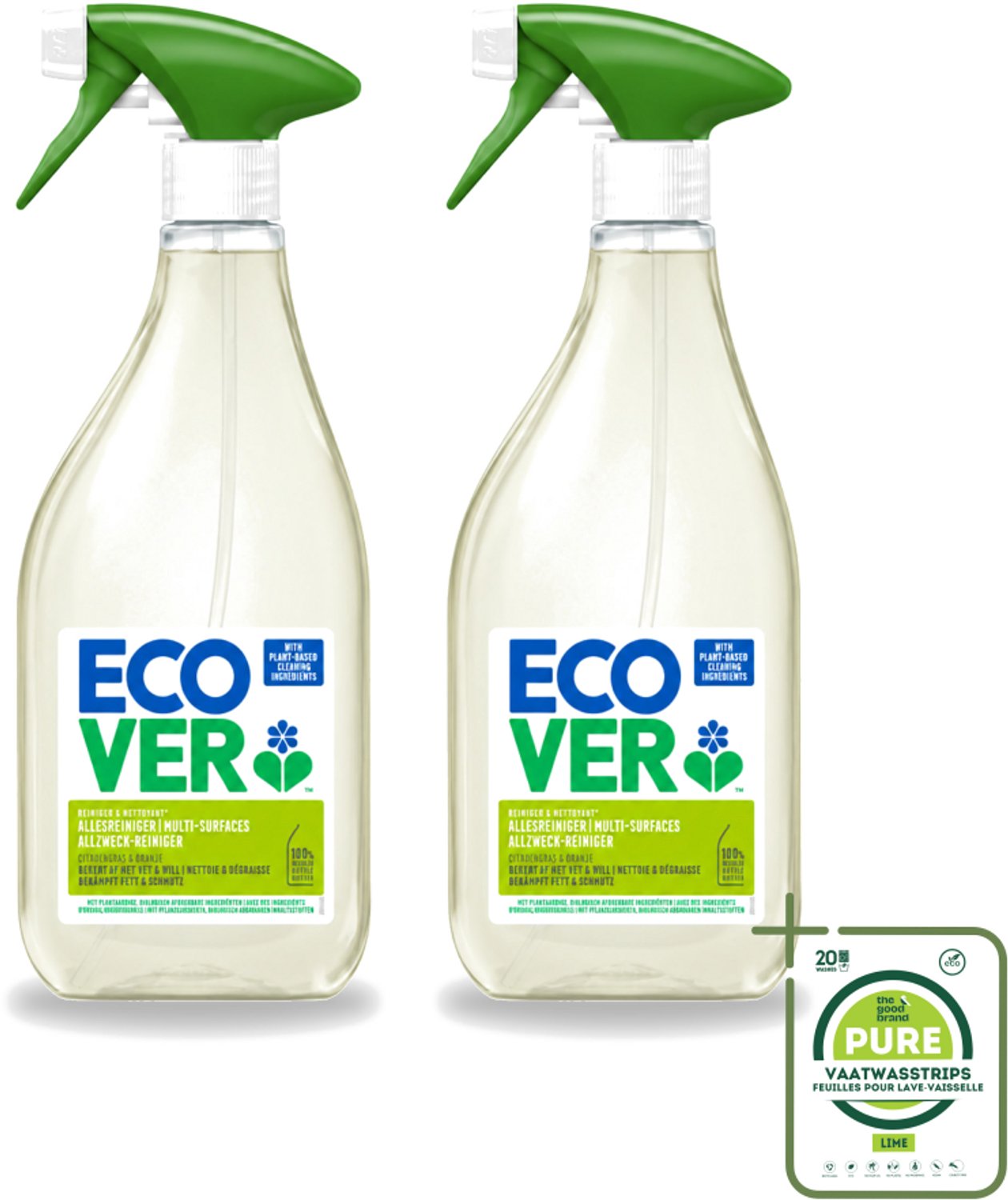 2 x Ecover - Allesreiniger Spray - Citroengras & Sinaasappel - 500 ml - Grootverpakking - Vaatwasstrips - Schoonmaken - Reinigingsmiddel - Citroengras - Sinaasappel - Natuurlijke Reiniging