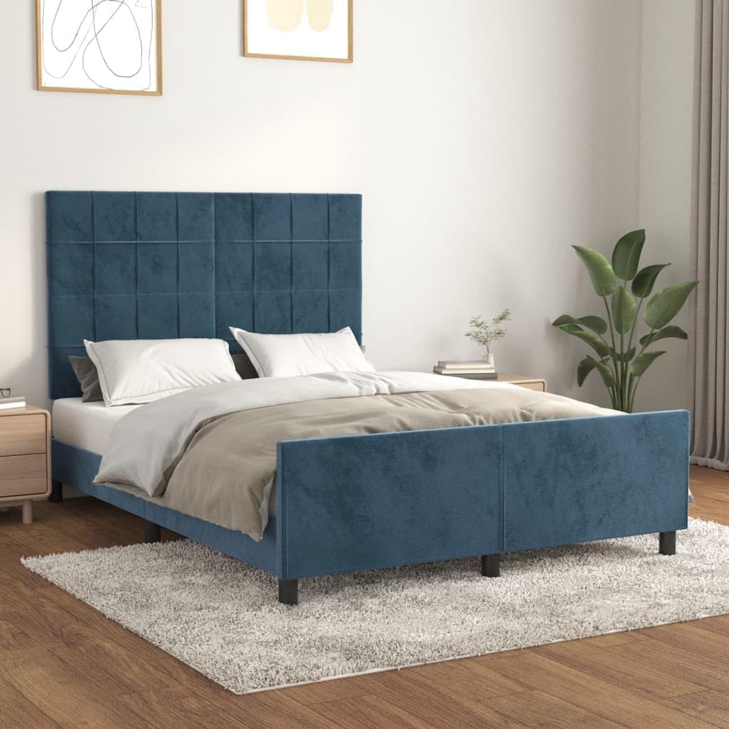 Bedframe met hoofdeinde, donkerblauw, 140 x 190 cm, fluwelen bedframe voor slaapkamer, familiebed, slaapkamer, hotel, logeerkamer