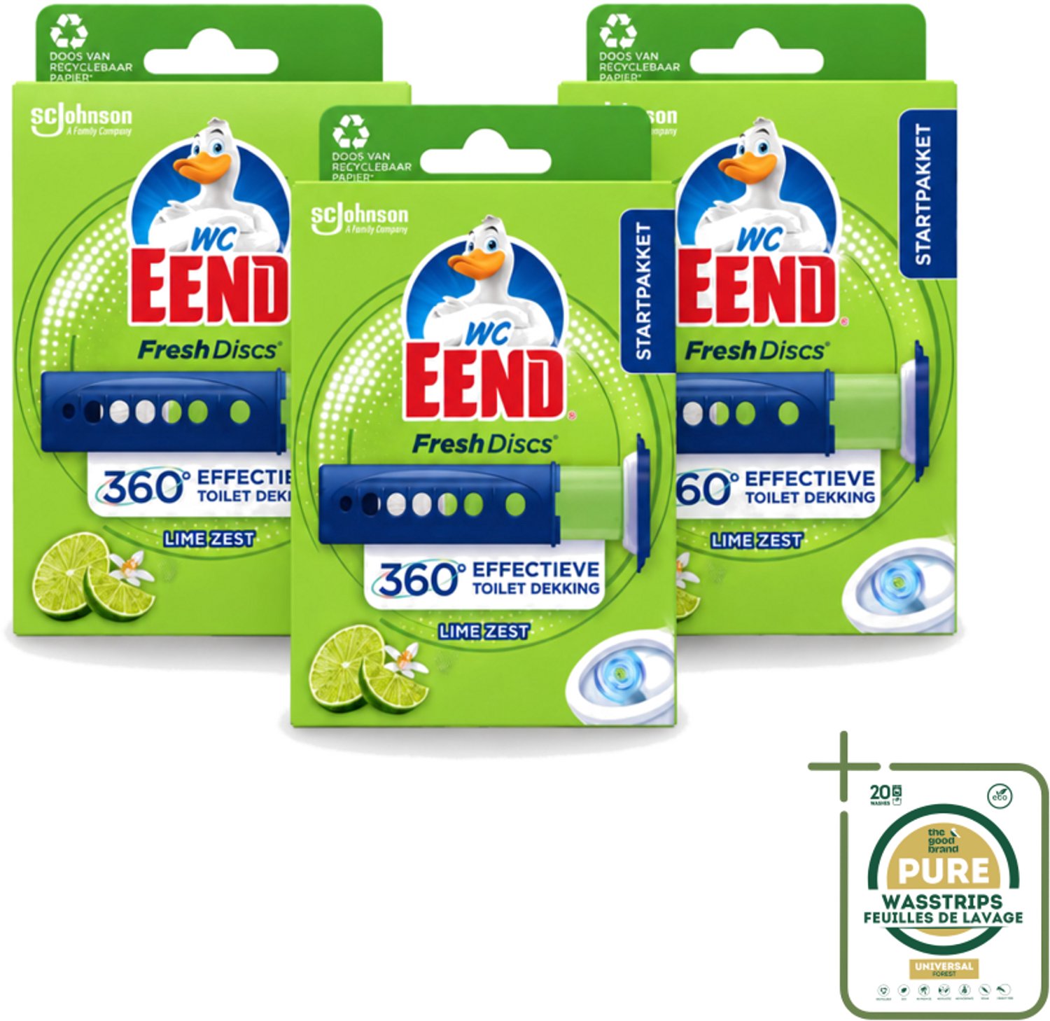 3 x WC Eend - Fresh Discs Lime Zest - Toiletgel - Hygiënisch & Fris tot 7,5 Weken - 36 ml - Wasstrips - Toiletgel - Toilet Reinigen - Toilet Hygiëne - Toilet Fris - Toiletgeur