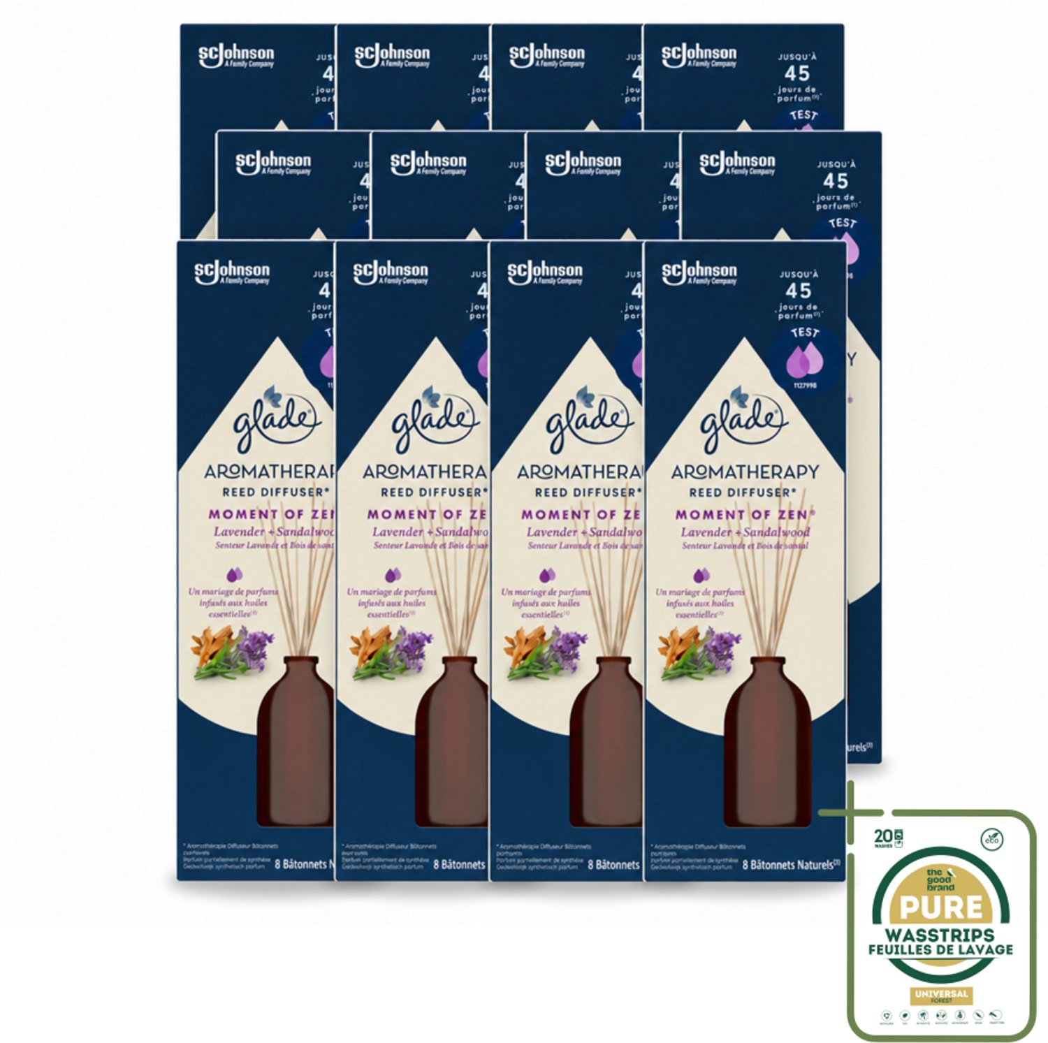 12 x Glade - Geurstokjes Moment van Zen - Aromatherapie Geurverspreiding - 80 ml - Wasstrips - Aromatherapie - Geurstokjes - Lavendel - Sandelhout - Geurverspreiding