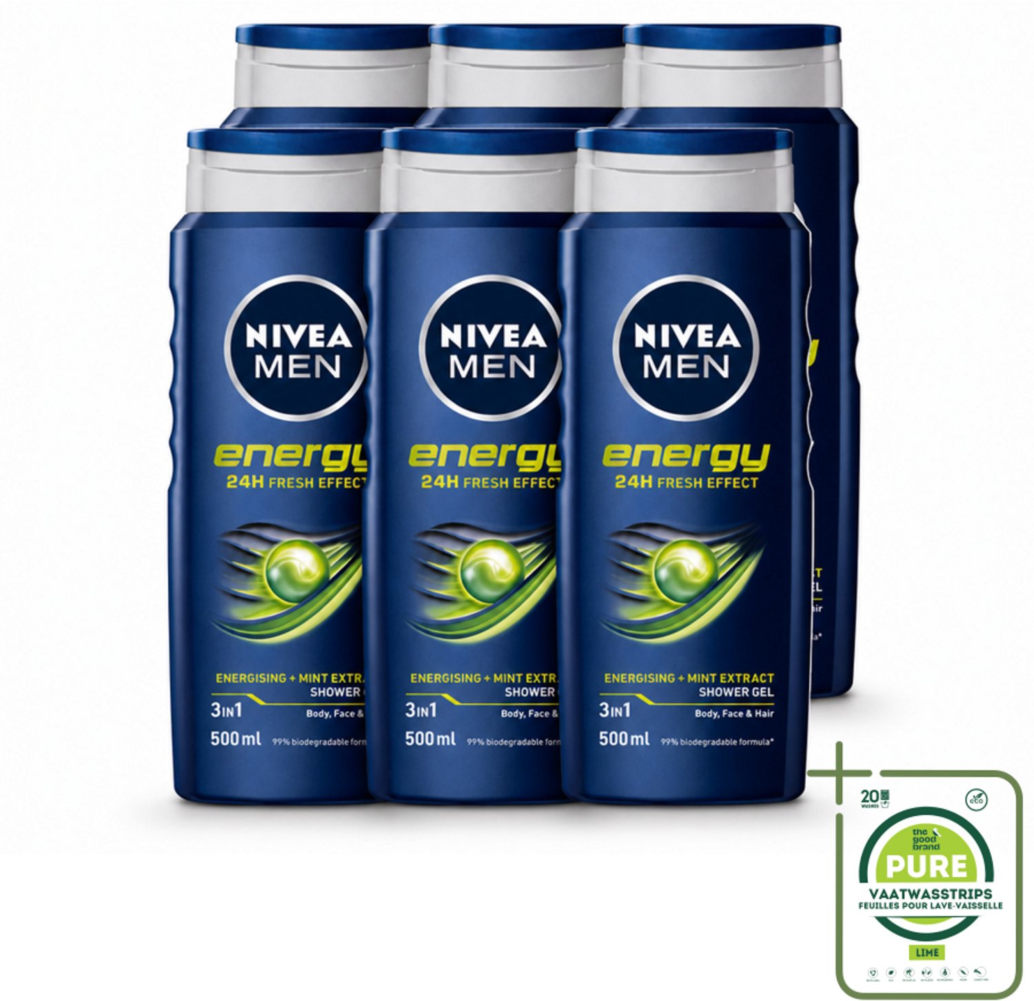 6 x NIVEA MEN - Douchegel - Energy - 500 ml - Grootverpakking - Vaatwasstrips - Douchegel - Energie - Mintextract - Frisheid - Lichaam