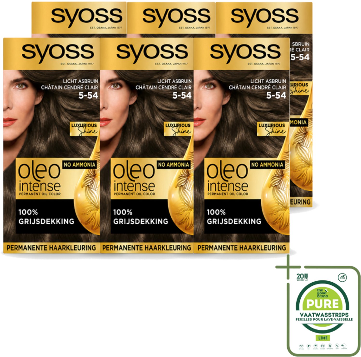 6 x SYOSS - Oleo Intense 5-54 Licht As Bruin - Haarverf - Zonder Ammoniak - Grijsdekking - Langdurige Kleur - Grootverpakking - Vaatwasstrips - Haarkleur - Haarkleuring - Olieformule - Grijsdekking - Haarverzorging