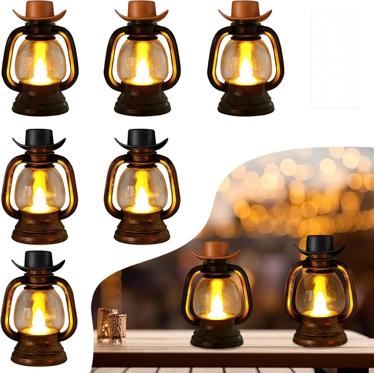 Set of 6 Cowboy Hat, Saddle Lanterns, LED Tealights and Candles for Festive Decoration, Black and Bronze Lantern - ShopVlot