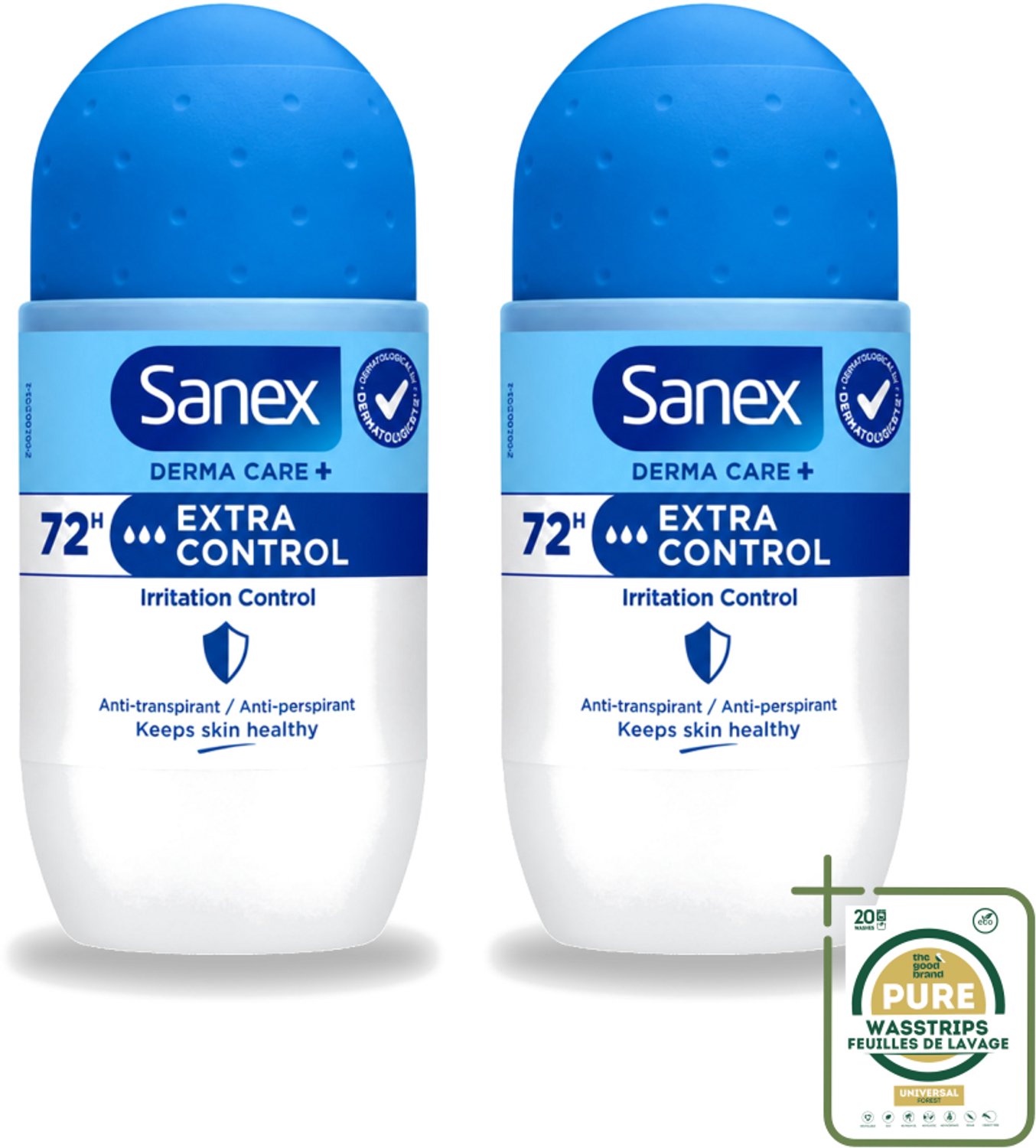 2 x Sanex – Deo Roll-on – Dermo Extra Control – 53 ml - Wasstrips - Anti-transpirant - Zweetvermindering - Huidbalans - Aluminiumchloride - Geur
