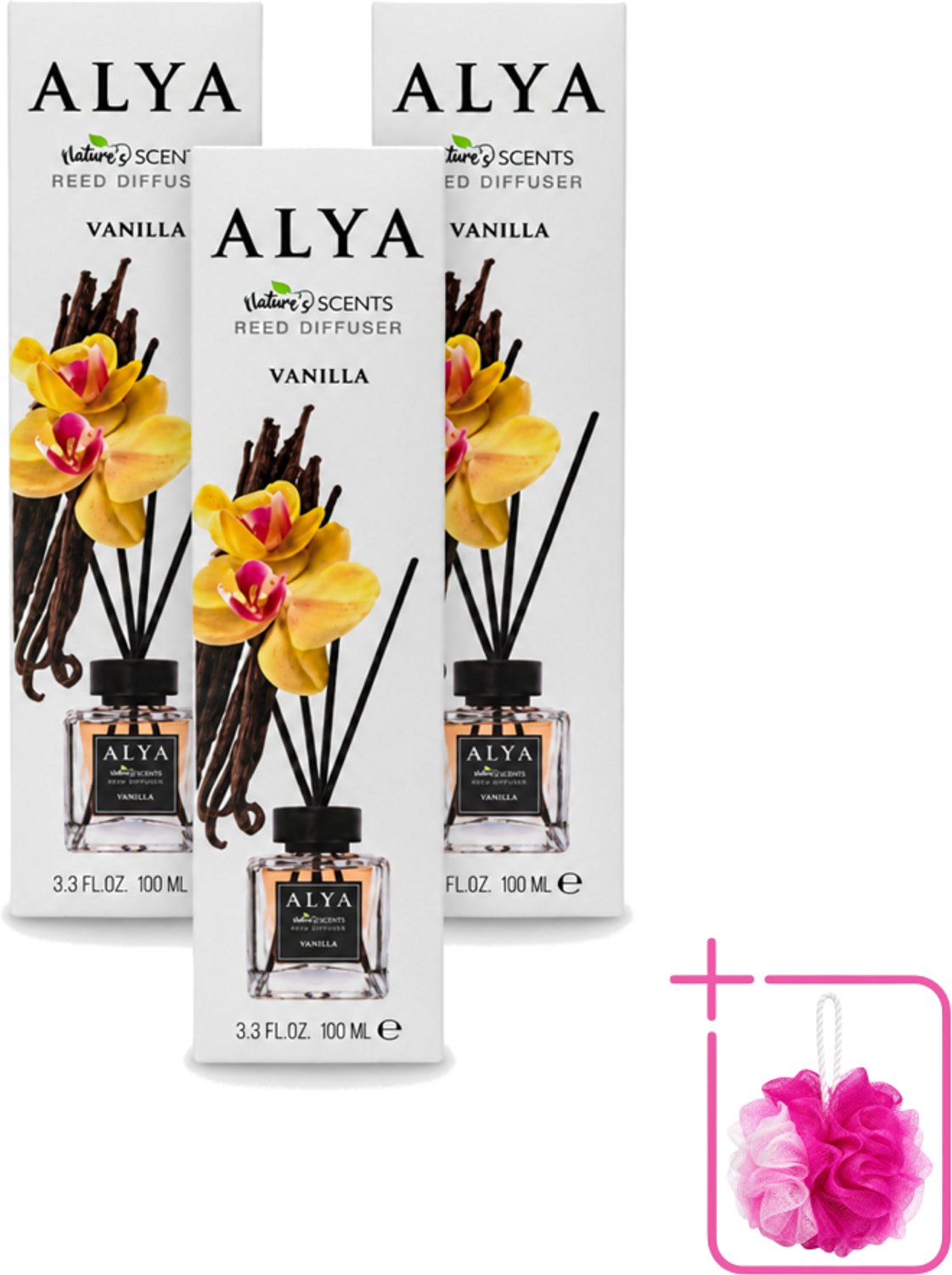 3 x Alya – Reed Diffuser – Vanilla – Interieurparfum - Bulkverpakking - Geurstokjes - Douchemop - Vanille