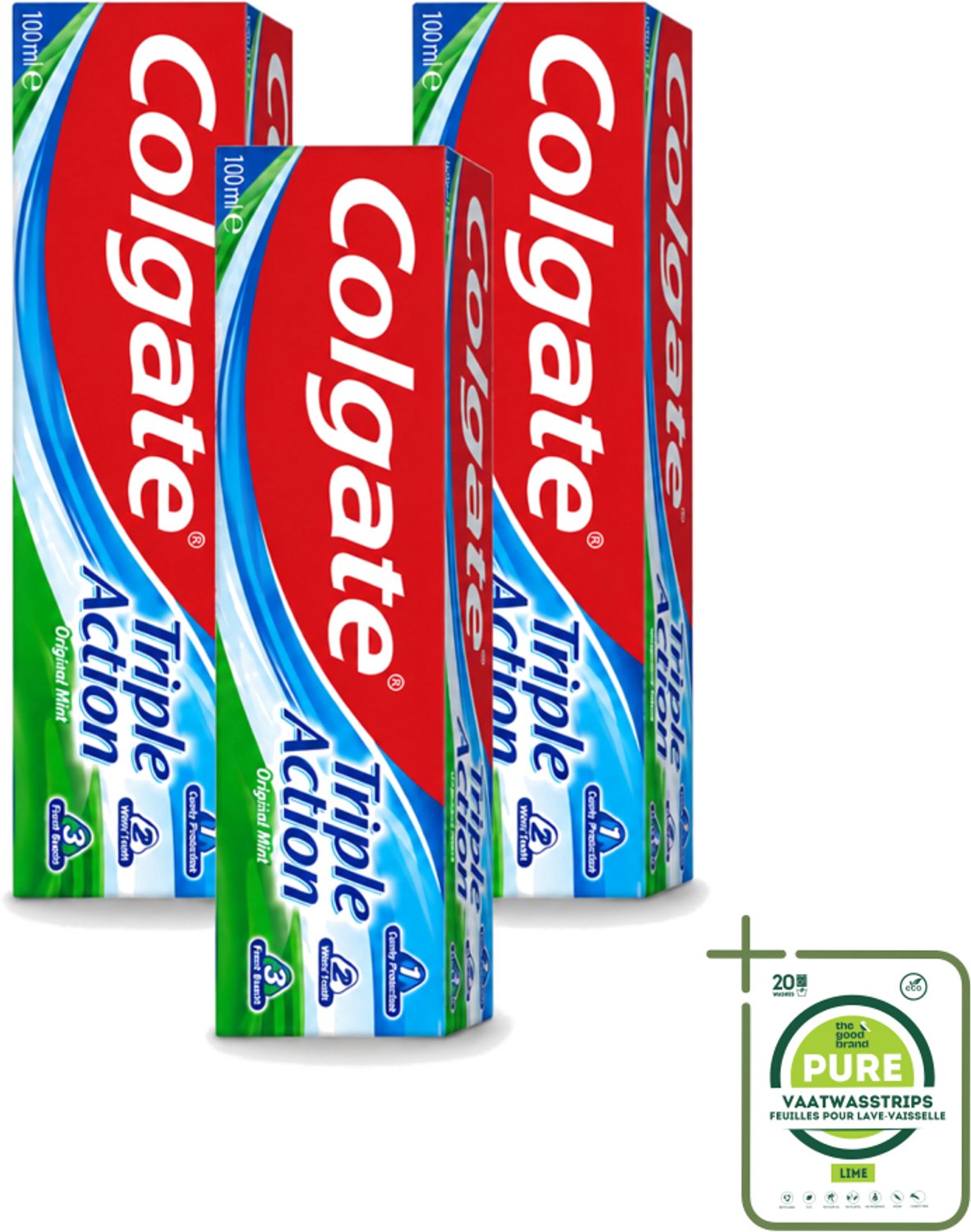 3 x Colgate - Triple Action - Original Mint - Tandpasta - 100ml - Grootverpakking - Vaatwasstrips - Tandpasta - Gaatjesbescherming - Wittere Tanden - Frisse Adem - Mondverzorging