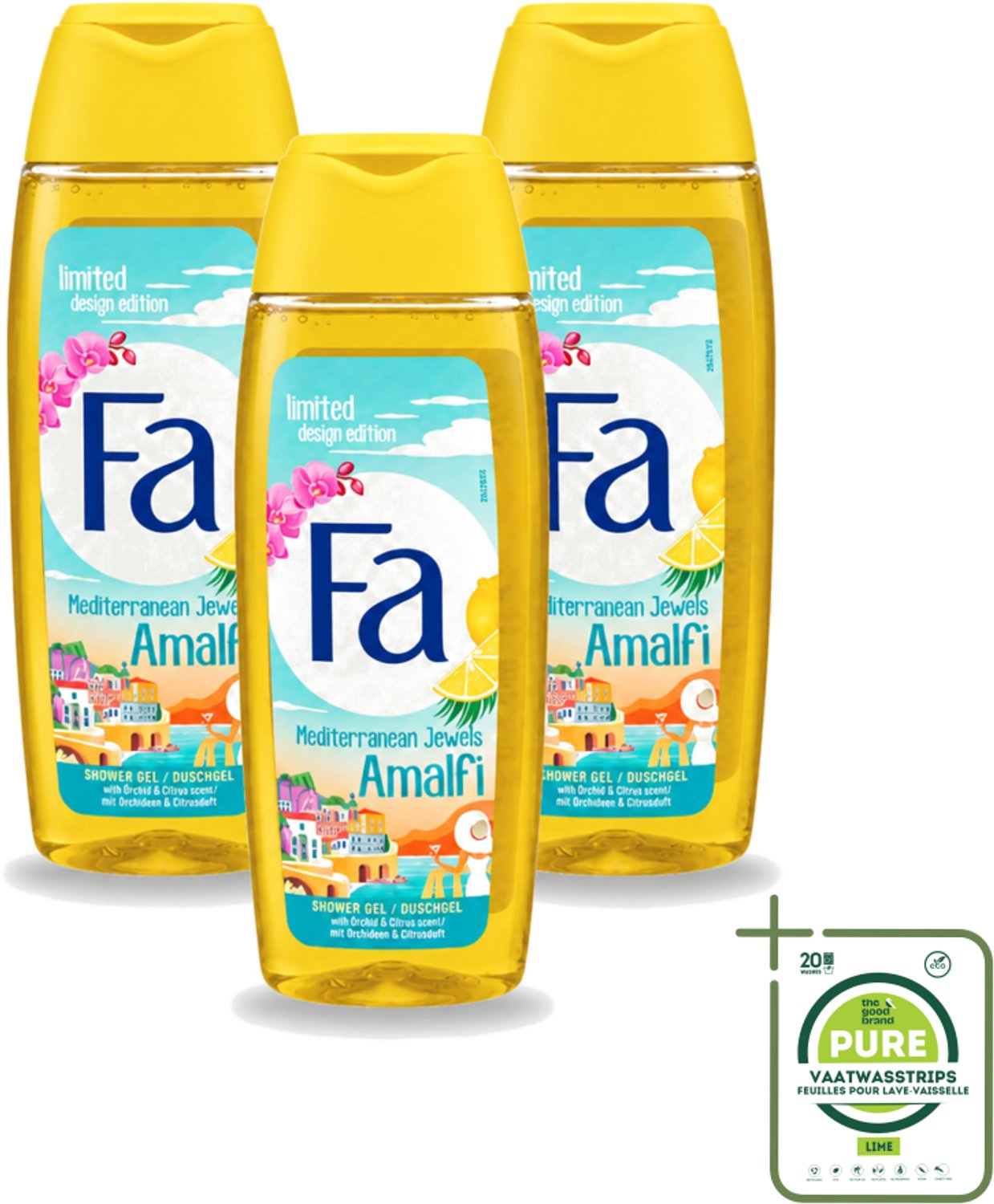 3 x Fa - Douchegel - Mediterranean Jewels Amalfi - Orchidee & Citrus - Frisse & Tropische Geur - Verfrissend - 250 ml - Grootverpakking - Douchegel Orchidee Citrus - Tropische Geur - Verfrissend - Huid Verzorgen - Douchegel Mediterrane Sieraden