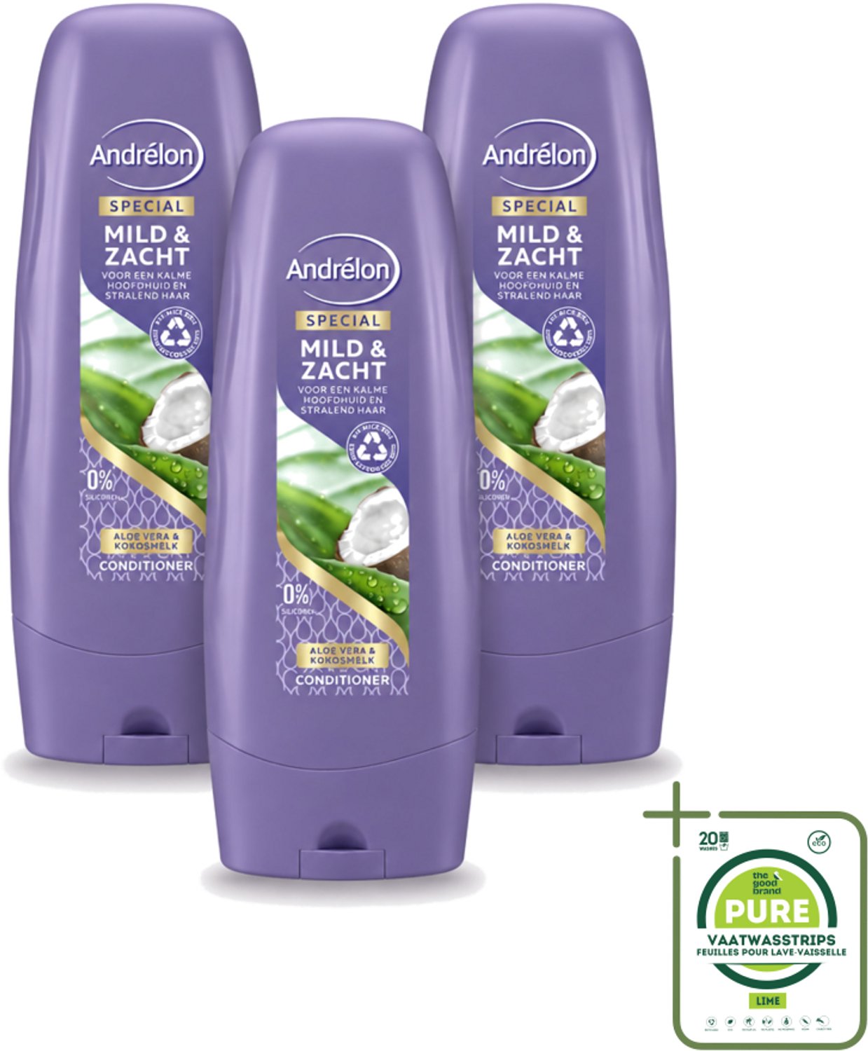 3 x Andrélon - Mild & Zacht - Conditioner - Voor Gevoelige Hoofdhuid - 300 ml - Grootverpakking - Vaatwasstrips - Gevoelige Hoofdhuid - Droge Hoofdhuid - Mild Haarverzorging - Zachte Haar - Glanzend Haar