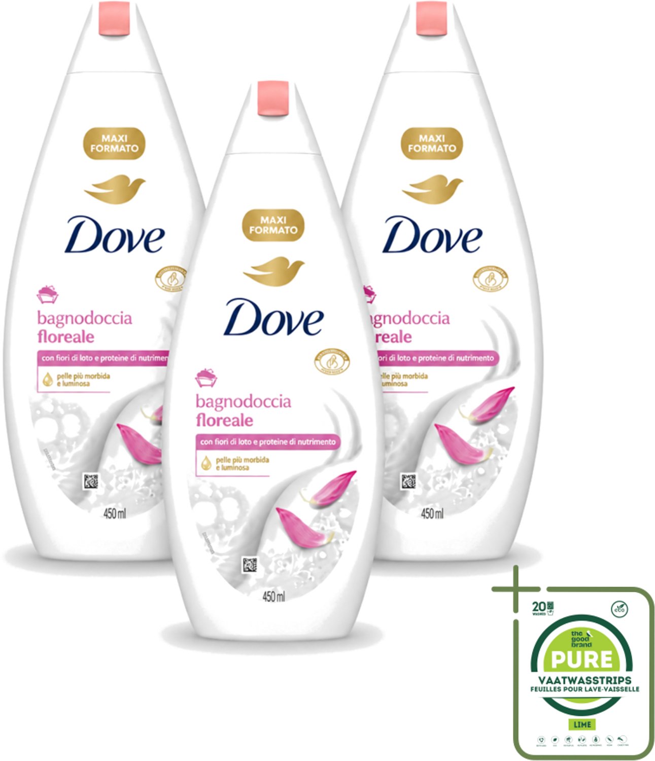 3 x Dove – Douchegel – Lotus Bloem – 450 ml - Grootverpakking - Vaatwasstrips - Douchegel Lotus Bloem - Mild Reinigen - Huid Verzorgen - Hydraterende Douchegel - Lotusbloem Geur