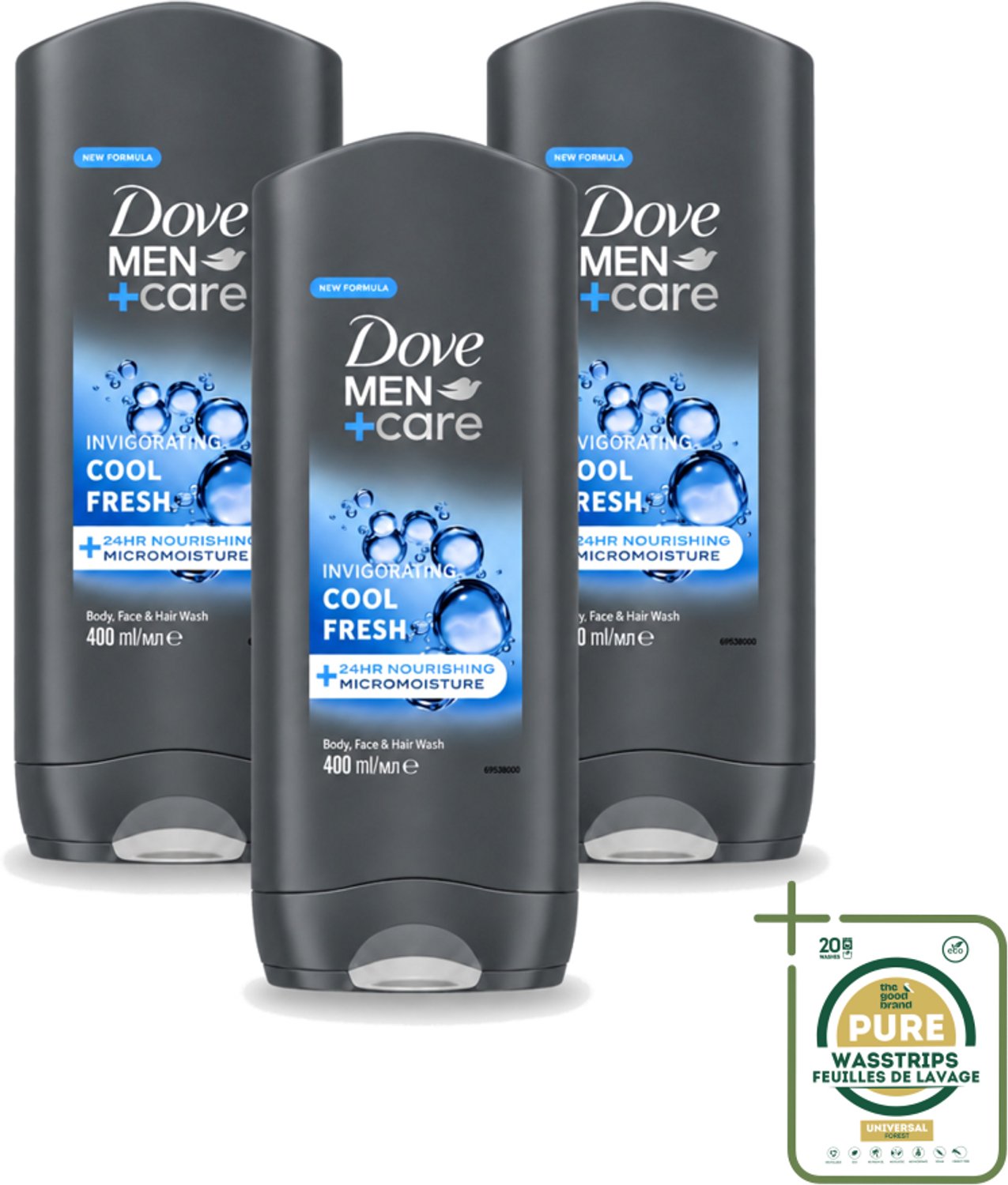 3 x Dove - Douchegel - Men+ Care Cool Fresh - Verfrissend en energiegevend - 400 ml - Wasstrips - Douchegel Voor Mannen - Verfrissend Douchegel - Hydraterende Douchegel - Micromoisture Technologie - Douchegel Voor Lichaam