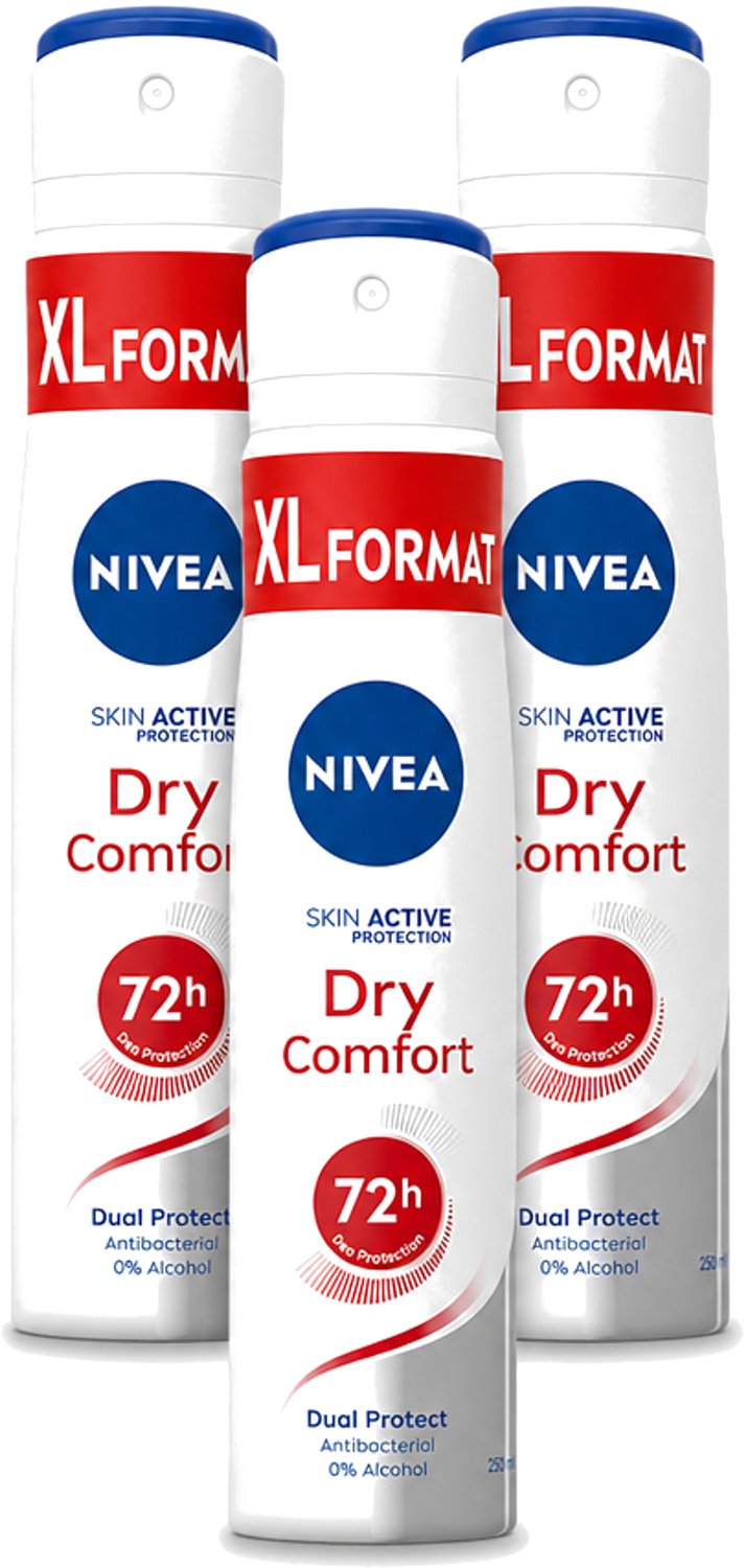 3 x Nivea - Deospray - Dry Comfort - Actieve Bescherming Van De Huid - 250 ml - Voordeelverpakking - 3 stuks