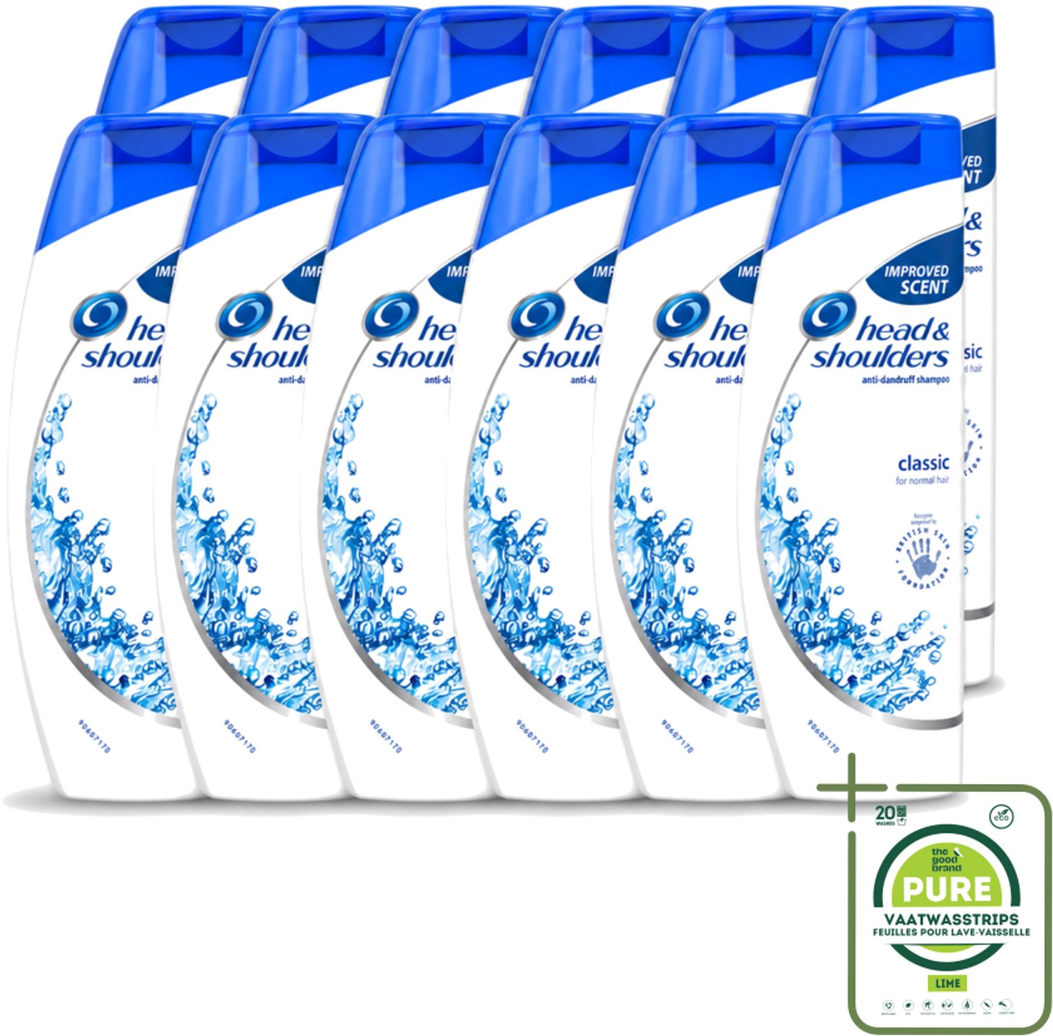 12 x Head & Shoulders - Shampoo - Classic Clean - 250ml - Grootverpakking - Vaatwasstrips - Anti-roos Shampoo - Roosvrij Haar - Fris Haar - Schoon Haar - Hoofdhuid Verzorging