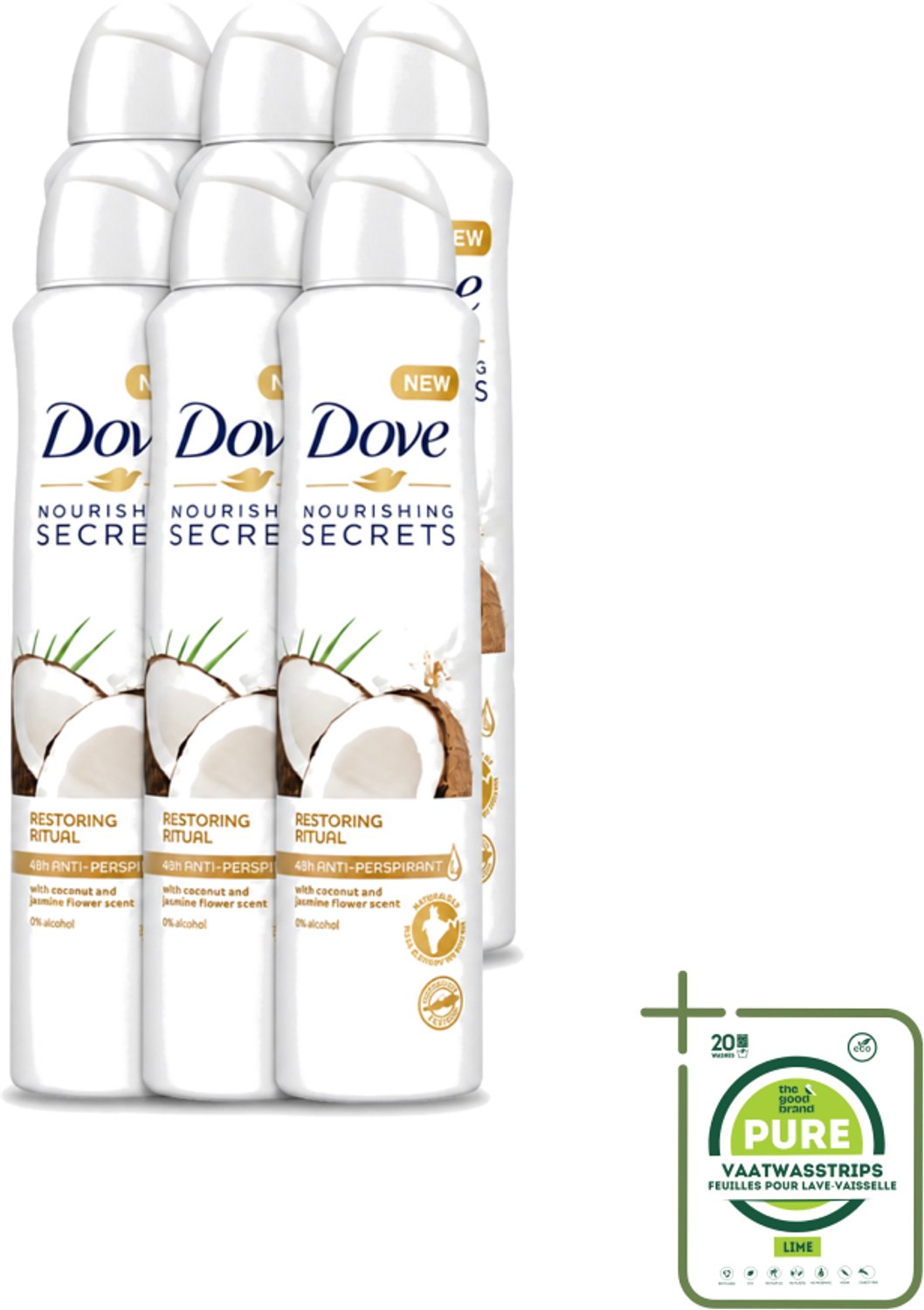 6 x Dove - Deodorant - Coconut & Jasmine Flower - Tropisch en verzorgend - 250 ml - Grootverpakking - Vaatwasstrips - Deodorant Spray - Kokos En Jasmijn - Zachte Oksels - Anti-transpirant Spray - Fris Gevoel