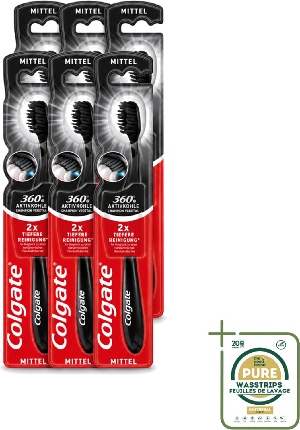 6 x Colgate - Tandenborstel - Charcoal Black 360 Medium - Zwart - 1 Tandenborstel - Tandenborstel - Houtskool - Tandenborstel Houtskool - Mondverzorging - Tandenborstel 360