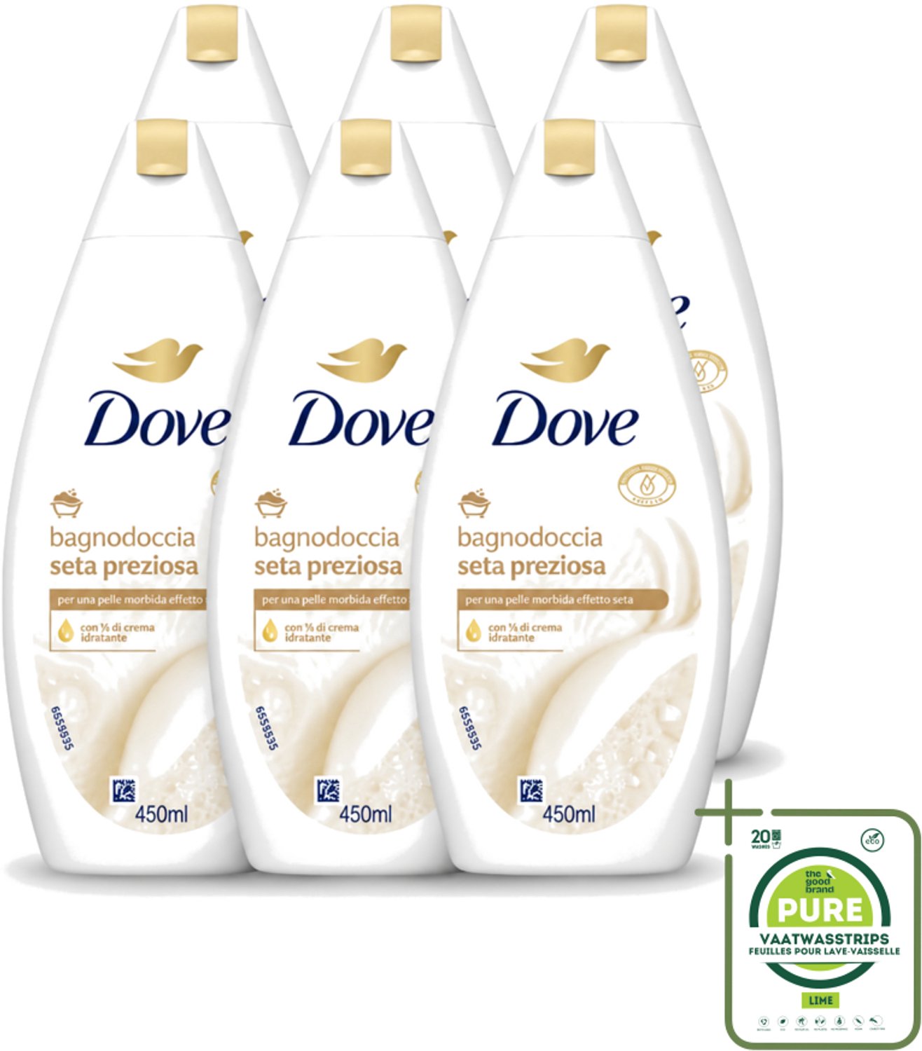 6 x Dove – Douchegel – Nourishing Silk – 450 ml - Grootverpakking - Vaatwasstrips - Douchegel Zijdezacht - Huid Verzorging - Schuim Douchegel - Mild Reinigen - Huid Comfortabel