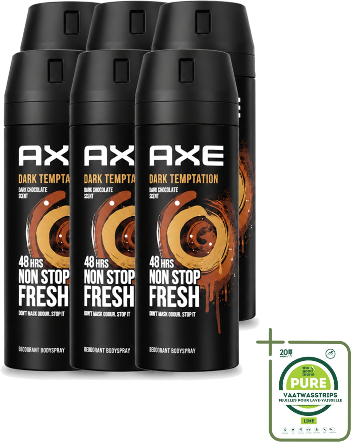 6 x Axe – Deodorant Spray – Dark Temptation – 150 ml - Grootverpakking - Vaatwasstrips - Deodorant Voor Mannen - Warme Geur - Chocolade Geur - Verleidelijke Geur - Transpiratiegeur