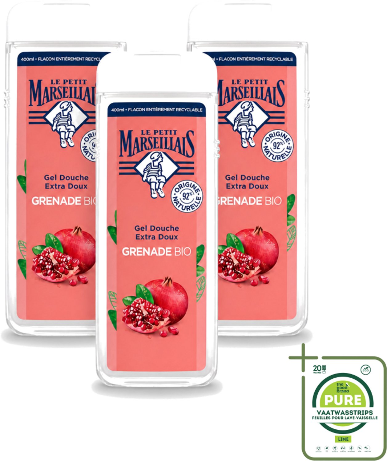 3 x Le Petit Marseillais – Douchegel – Grenade Bio – 400 ml - Grootverpakking - Vaatwasstrips - Douchegel - Biologische Douchegel - Granaatappel Geur - Natuurlijke Douchegel - Gezondheid