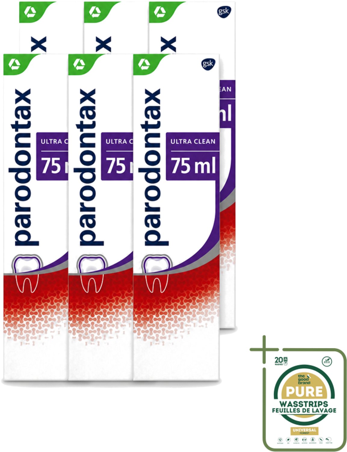 6 x Parodontax – Tandpasta – Ultra Clean – 75 ml - Wasstrips - Tandpasta - Tandplak - Tandvlees - Bloedend Tandvlees - Fluoride