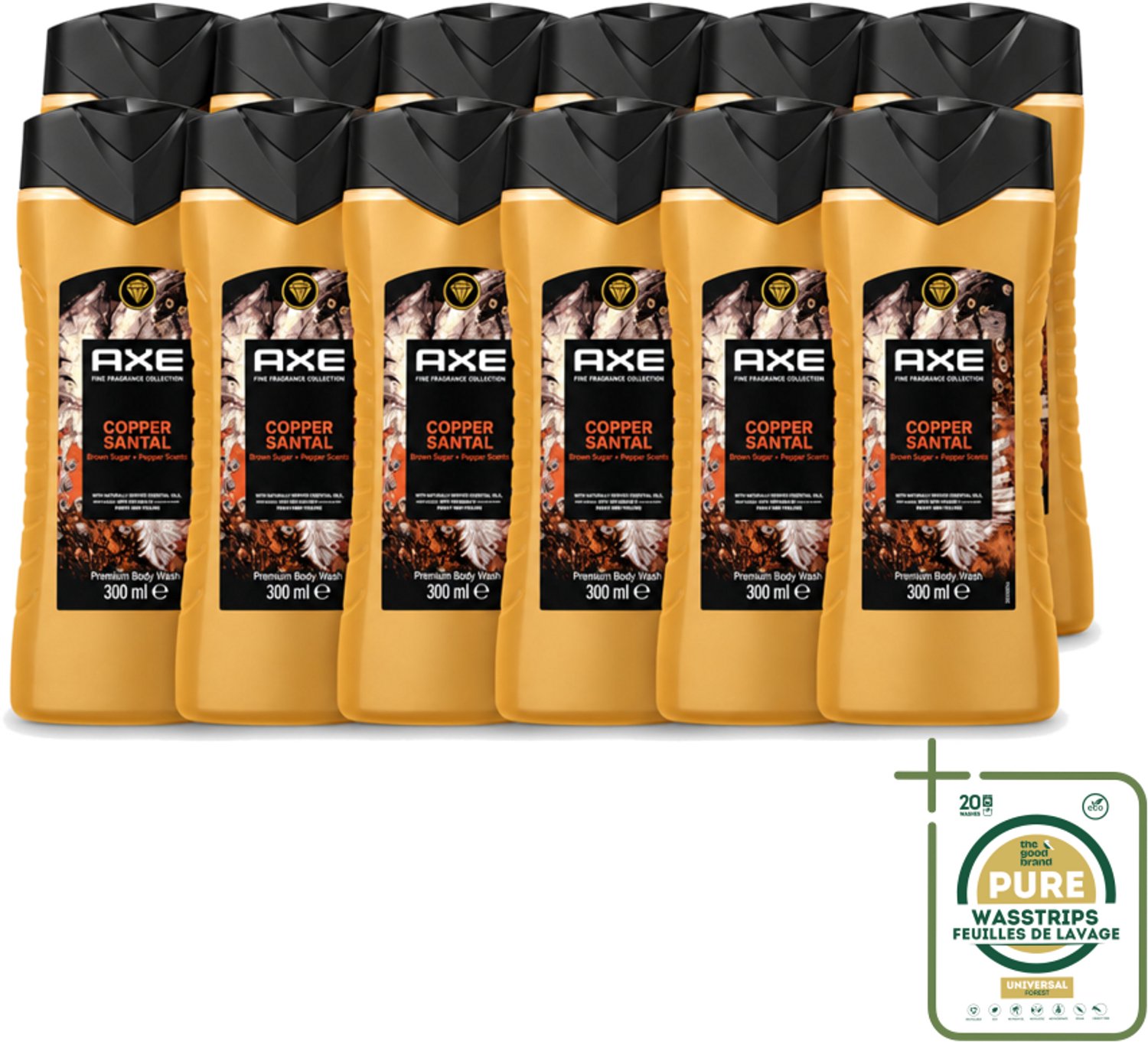 12 x Axe – Douchegel – Copper Santal – 300 ml - Wasstrips - Douchegel - Koper Santal - Warme Houtgeur - Mannelijke Geur - Huid Reinigen