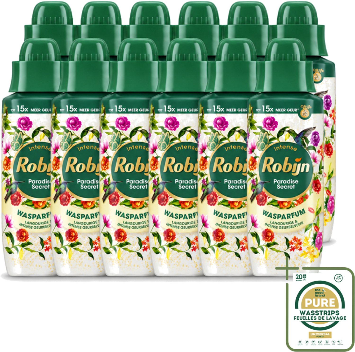 12 x Robijn – Wasparfum – Paradise Secret – 342 ml - Wasstrips - Wasparfum - Wasgeur - Botanische Geur - Wasmiddel - Wasverzachter