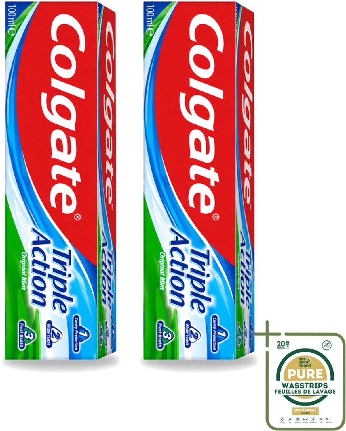 2 x Colgate - Triple Action - Original Mint - Tandpasta - 100ml - Wasstrips - Tandpasta - Gaatjesbescherming - Wittere Tanden - Frisse Adem - Mondverzorging