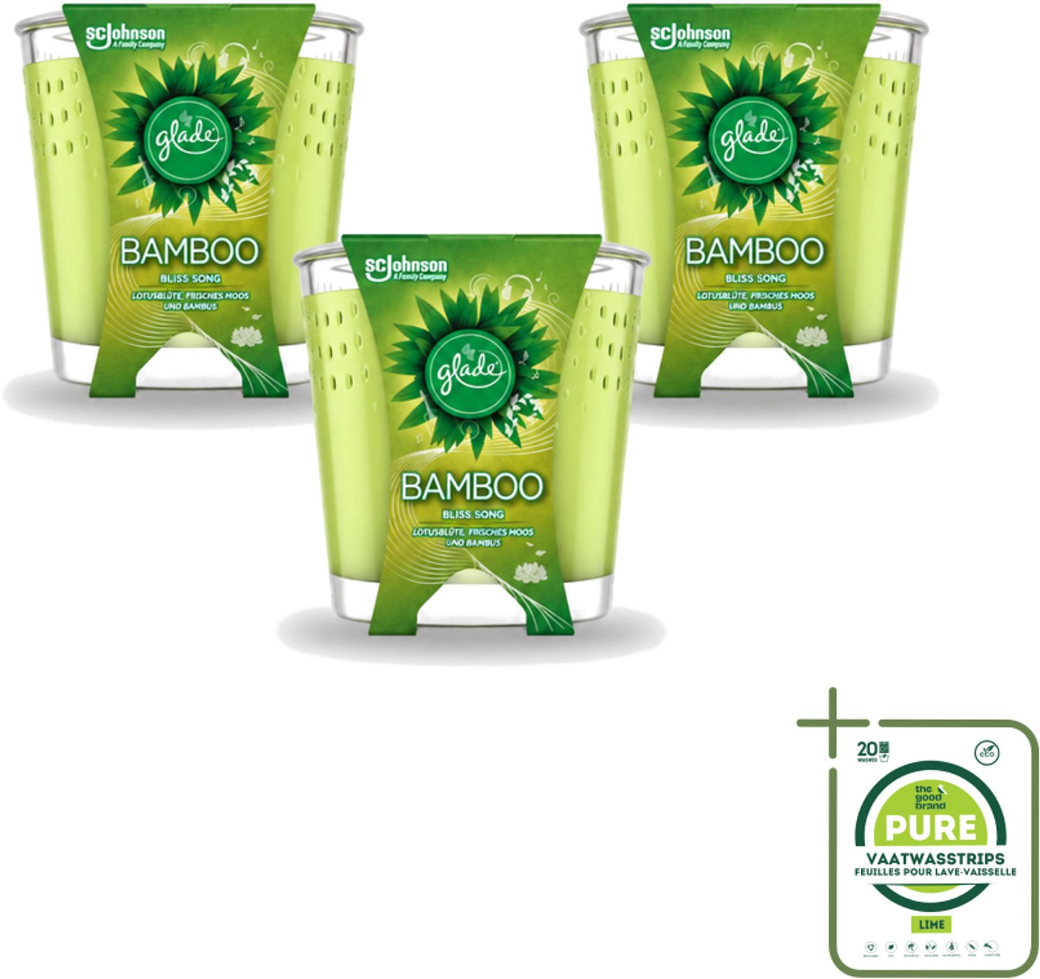 3 x Glade - Geurkaars - Bamboo Bliss Song - Frisse Geur & Relaxatie - 129 g - Grootverpakking - Vaatwasstrips - Geurkaars - Bamboe Geur - Rustgevende Geur - Geur In Huis - Ontspanning