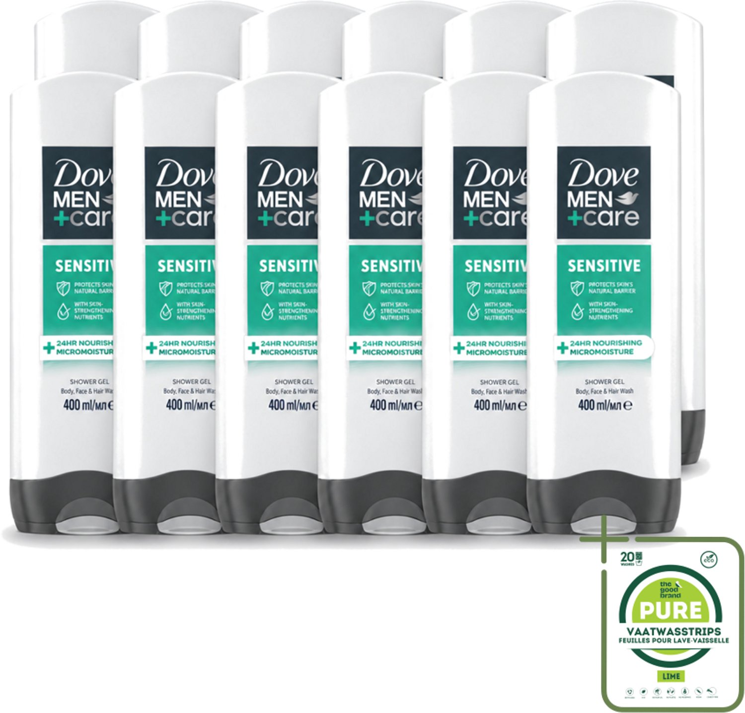 12 x Dove - Shower Gel - 3-in-1 - Men Care Sensitive - Verfrissend en zacht - 400 ml - Grootverpakking - Vaatwasstrips - Douchegel Voor Mannen - Gevoelige Huid - 3-in-1 Douchegel - Mannelijke Verzorging - Zachte Reiniging