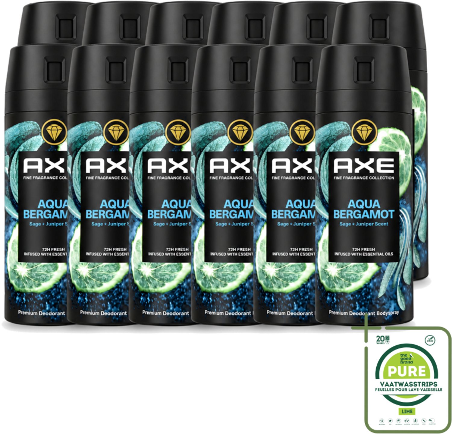 12 x Axe - Deodorant Bodyspray - 72hrs Fresh - Aqua Bergamot - Sage & Juniper - 150 ml - Grootverpakking - Vaatwasstrips - Deodorant - Bodyspray - Geur - Lichaamsgeur - Bergamot