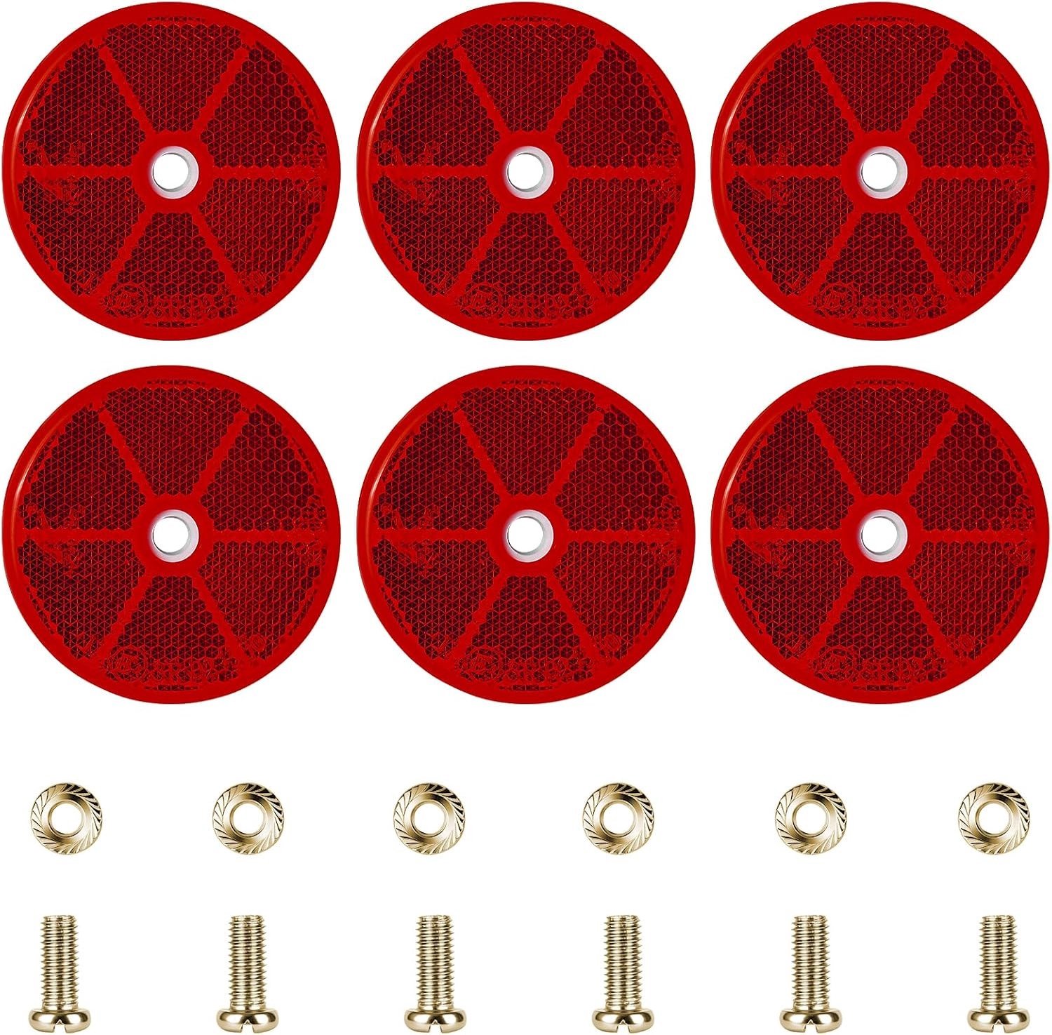 Set van 6 Ronde Veiligheidsreflectoren met Bevestigingsschroeven, Ø 60 mm, Reflectoren voor Barrières, Caravans, Tractoren en Trailers, Rood