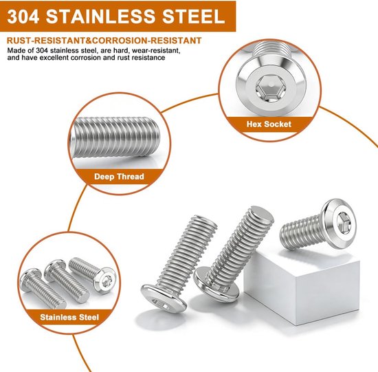 10 Stuks Platte Kop Zeskant Inbus Schroeven Bouten M8 x 65mm 304 Roestvrij Staal Volledig Draad Machineschroeven, Platte Zeskant Meubelschroef, Meubelconnectorbout met Inbussleutel — afbeelding 5