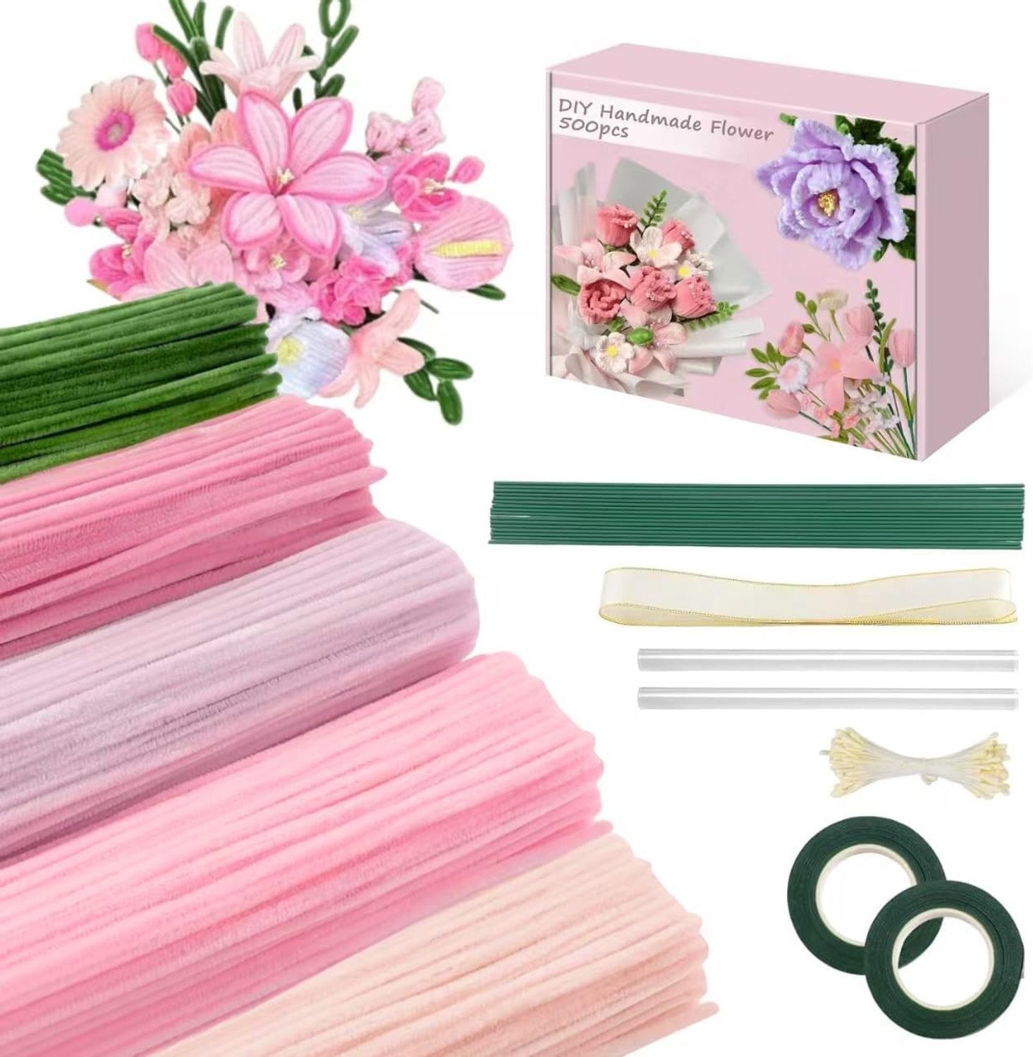 Creatieve Pijpenragers voor Knutselen - 500 Stuks in Roze met Bloemen, Ideaal voor Hobbyprojecten en Decoraties