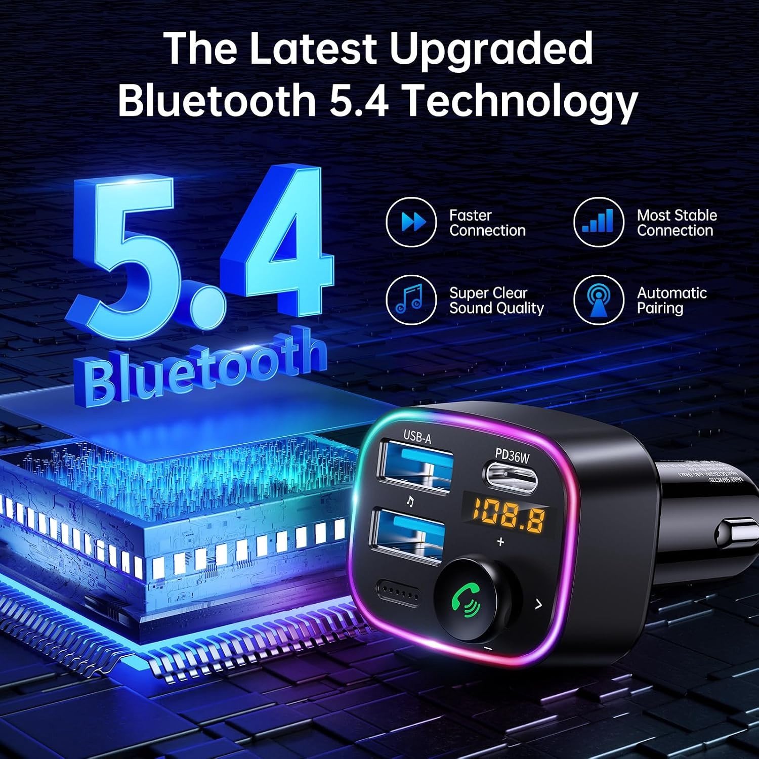 Bluetooth FM Transmitter en Auto Lader met Dubbele USB Poorten, 48W Snelladen en LED Display voor Draadloze Radio Ontvangst en 64GB USB Stick met Lichtschakelaar – foto 5