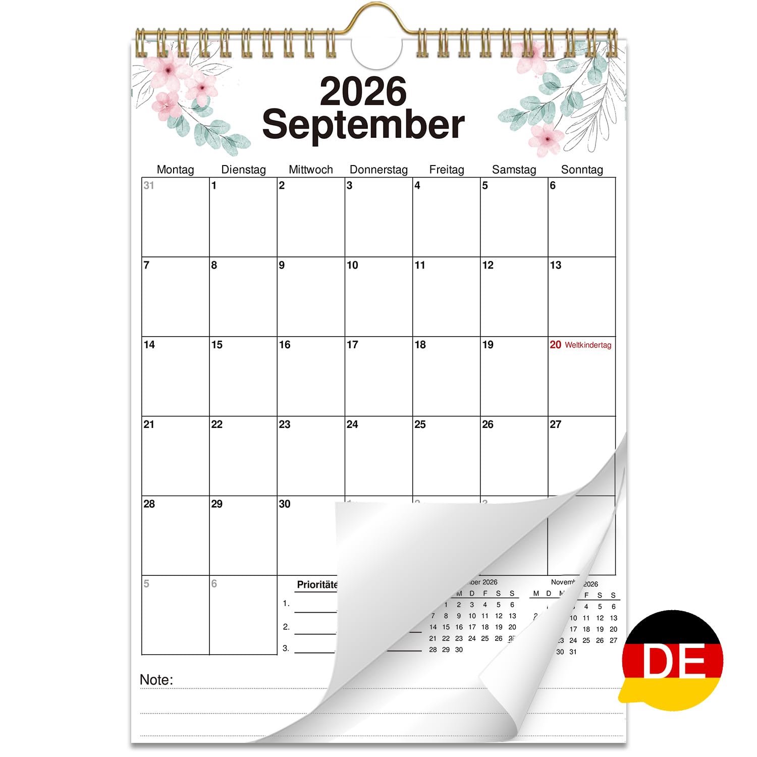 Wandkalender A4 2026-2027 - aquarel bloemen - Duits - perfect voor planning - ShopVlot