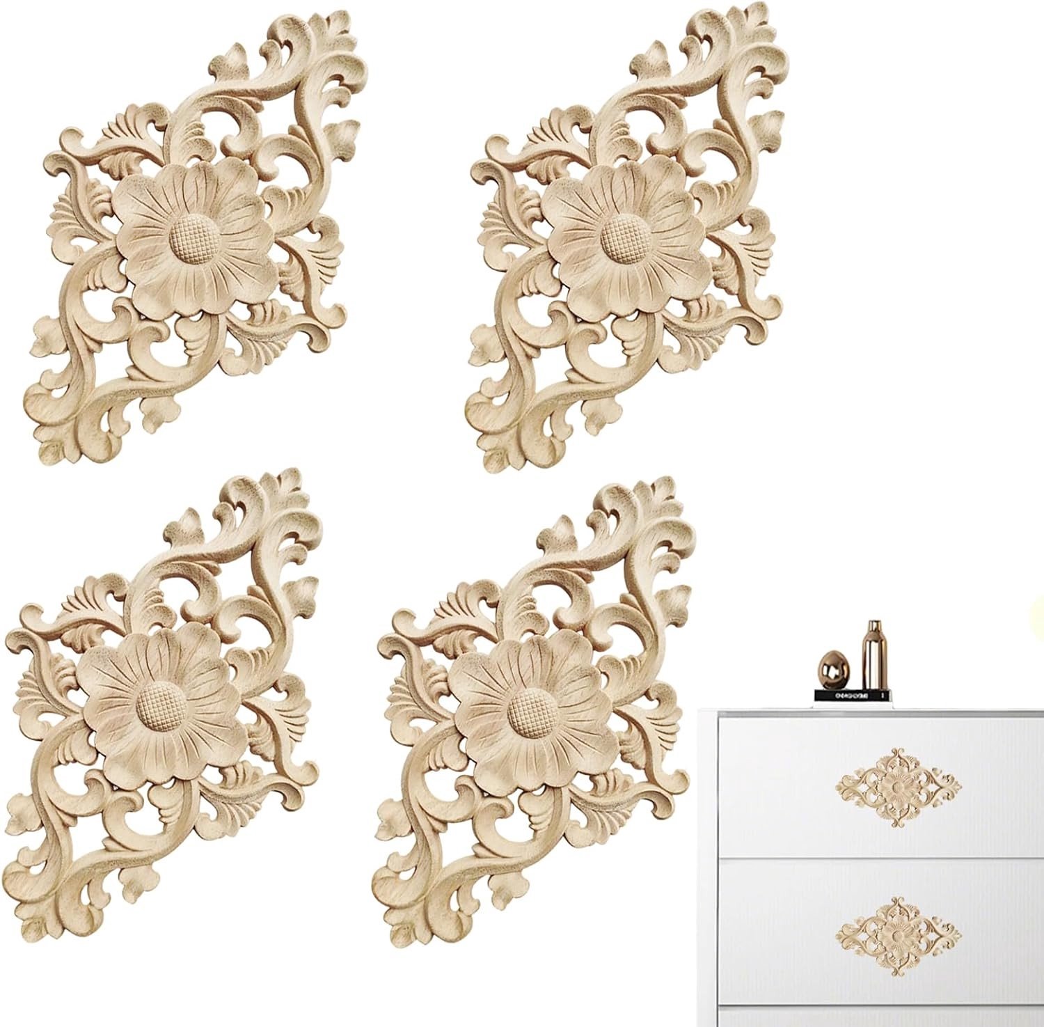 Houten Hoekornamenten voor Houtsnijwerk - 4 Stuks Decoratieve Applicaties voor Meubel- en Wanddecoratie