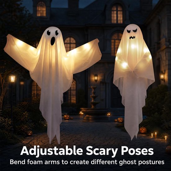2 stuks Halloween decoratie outdoor geest, griezelige windzak, Halloween-decoraties hangend met led voor buiten, voortuin, terras, gazon, tuin, feestdecoratie — afbeelding 5