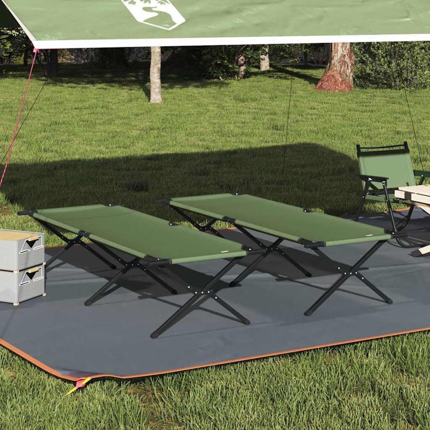 Set van 2 campingbedden, inklapbaar, 210 x 80 x 46 cm, veldbed met stalen frame, voor outdoor, tuin, reizen, groen