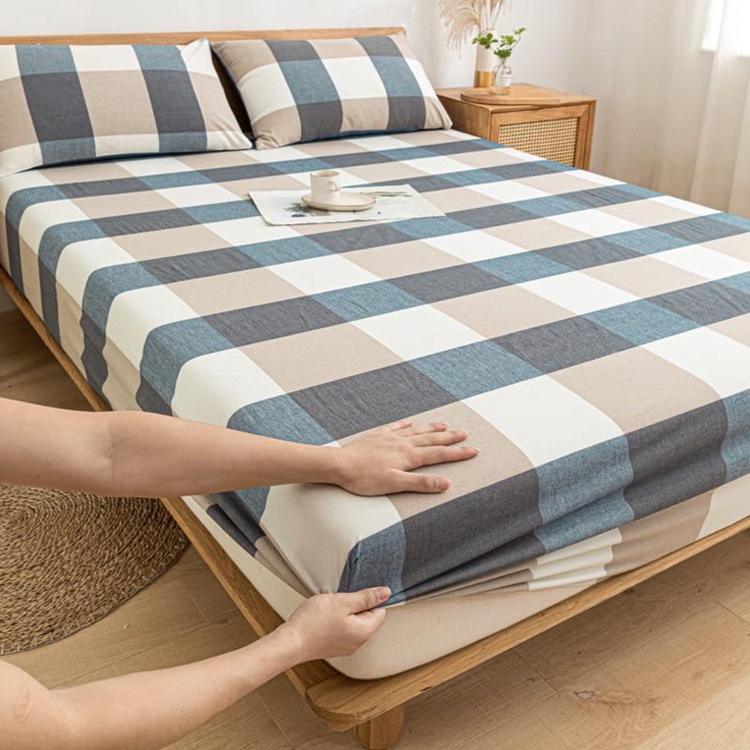 Soft 4 Way Stretch Bedding,Solid Color Cotton Soft Deep Pocket Fitted Sheet, Bedroom Hotel Homestay Comfort Mattress Protector,Checkered Blue 1,150x200cm+20cm (1pcs)