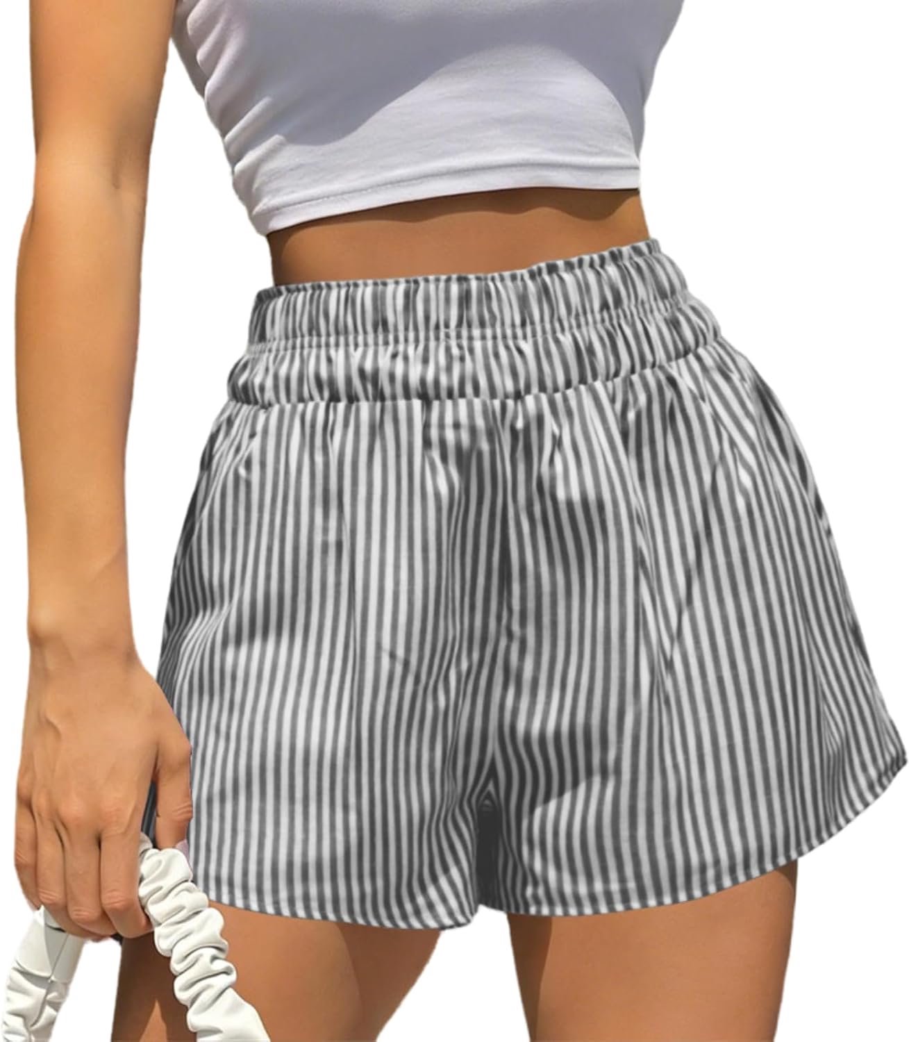 Zomershorts voor dames, gestreept, hoge taille, met trekkoord, comfortabele broek, casual, elegant, los en comfortabel