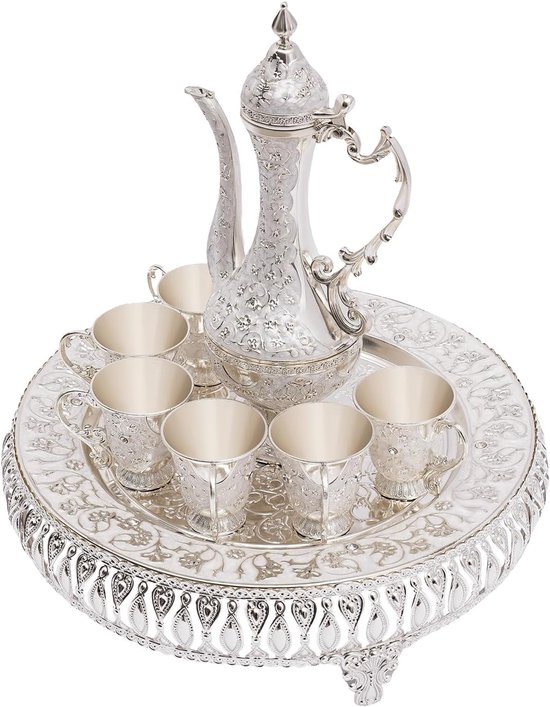 Vintage theeserviesset met koffiemok en theepot, 280 ml theepot en 6 x 25 ml theekop, Europese theeserviesset, theeset voor theetafel, decoratie voor koffie, thee-feest en thuis, 25 x 7 cm (zilverwit) — afbeelding 5