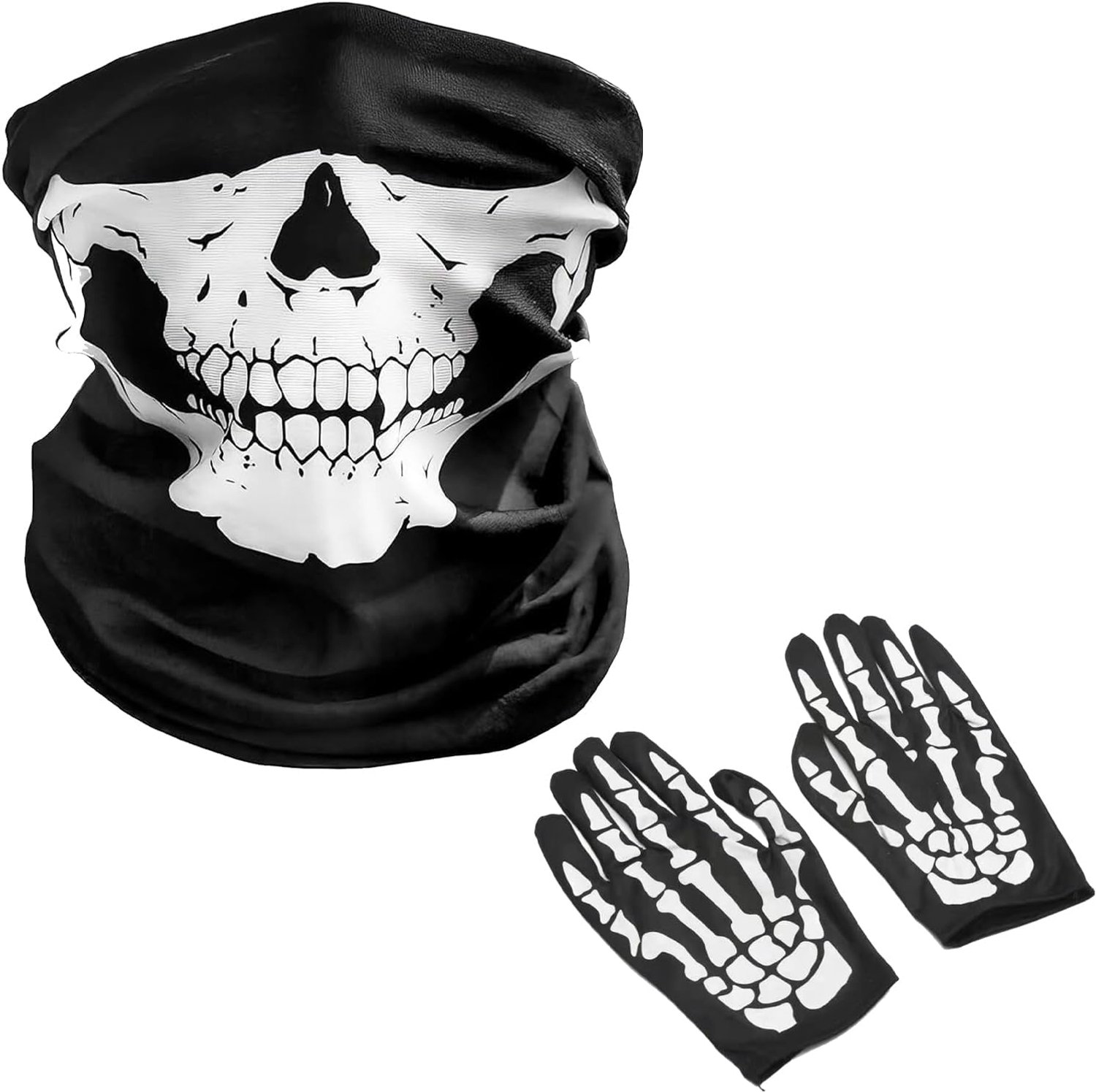 Motorfiets Doodshoofdmasker, Multifunctionele Doek met Doodshoofd, Slangvormige Sjaal met Doodshoofd Voor Motorfiets, Met Halloween-Skelethandschoenen, Voor Motorfiets, Fiets, Skiën, Halloween