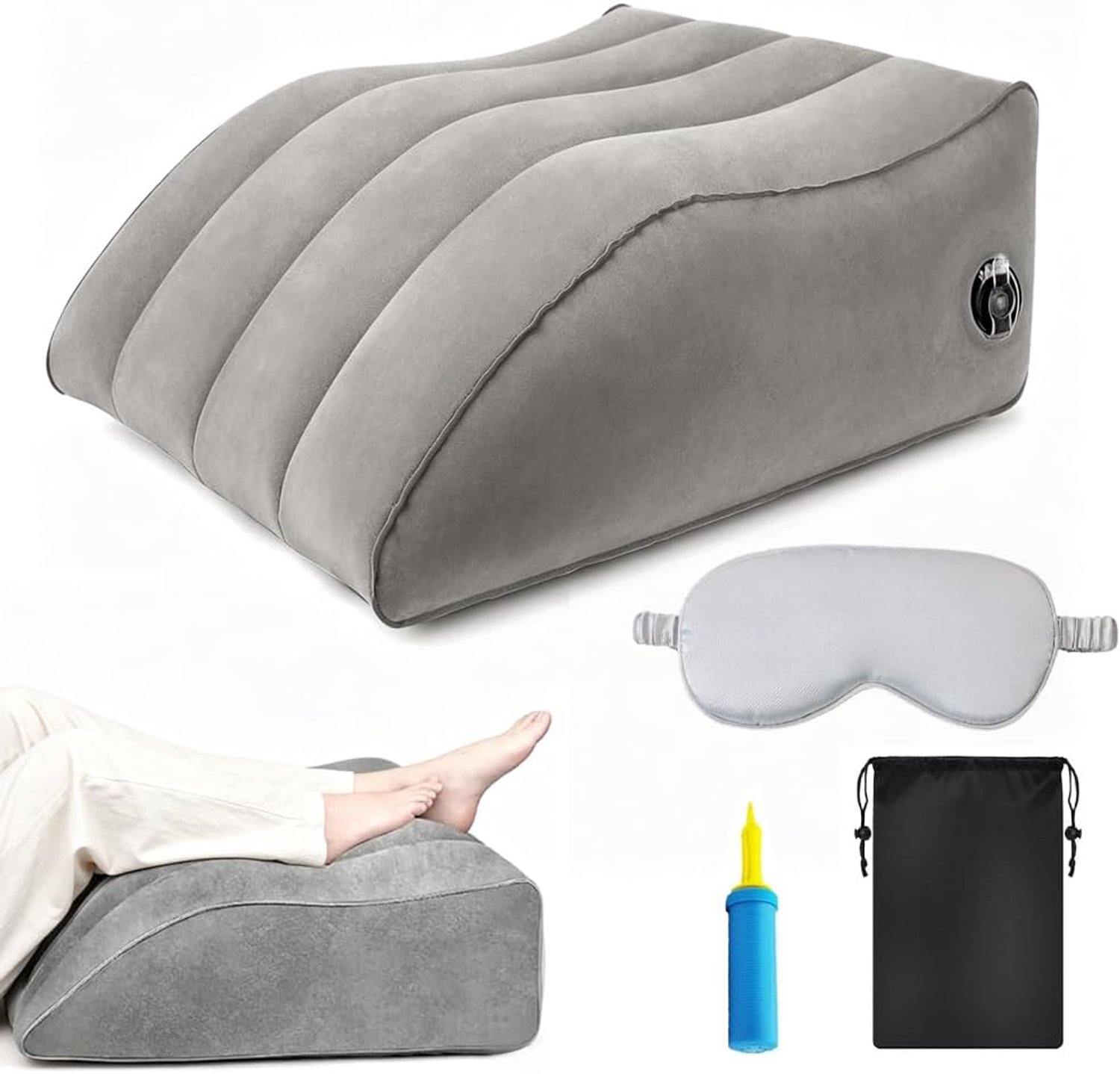 Opblaasbaar Venenkussen, Ergonomisch Beenwigkussen, Beenverhogingskussen met oogmasker & luchtpomp, Opvouwbaar Beenkussen voor bed, bank en reizen