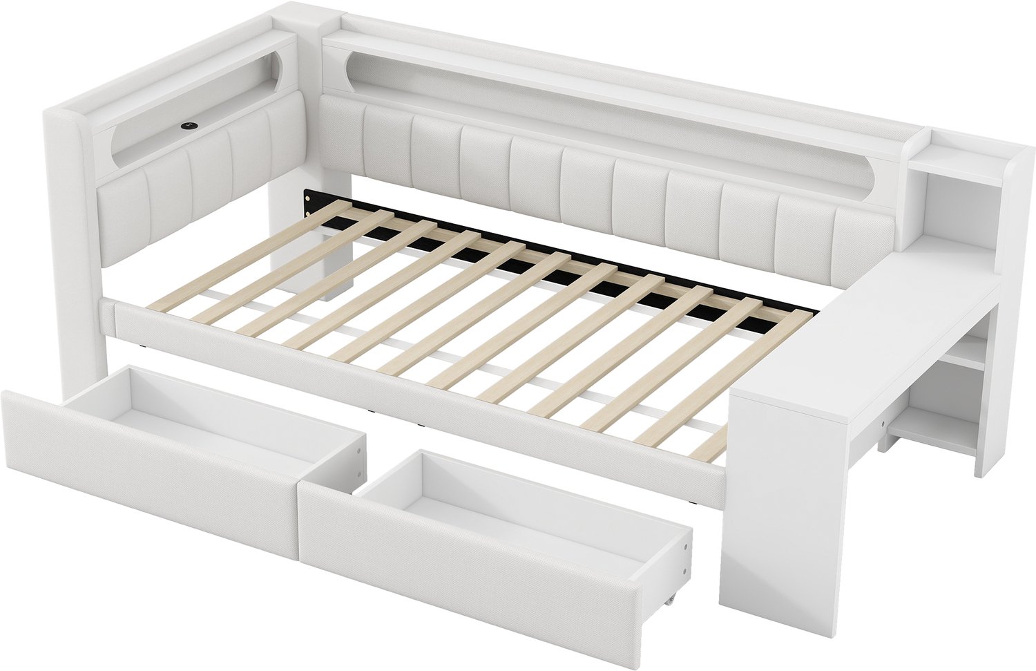 MUVANO Gestoffeerd dagbed 90x200 - bed 90x200 met geïntegreerd bureau - USB-aansluitingen - LED-verlichting in zeven kleuren - twee opbergladen - wit